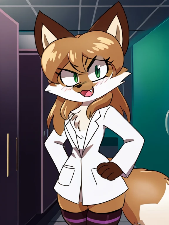 uploaded the e621, beautiful and detailed, woman (((female))) ((anthro)) Fox, (Averi, Fox girl), cinematic lighting, Fox, (anthro, fluffy fur), anthro fox girl, body fur, curvy, sexy, nice, cute, hot, comfortable anime-style cartoon-style, digital drawing, SFW, flat chest, green eyes, angry, smiling, nervous smile, sassy, sassy hips, smug, fangs, open mouth, looking at viewer, ((doctor uniform, wearing long white lab coat, open lab coat revealing chest, wearing white dress)), wearing a long white doctor's uniform that is open revealing her fluffy chest, wearing dress, wearing stethoscope on neck, (wearing sexy striped thigh highs, striped thigh high socks)