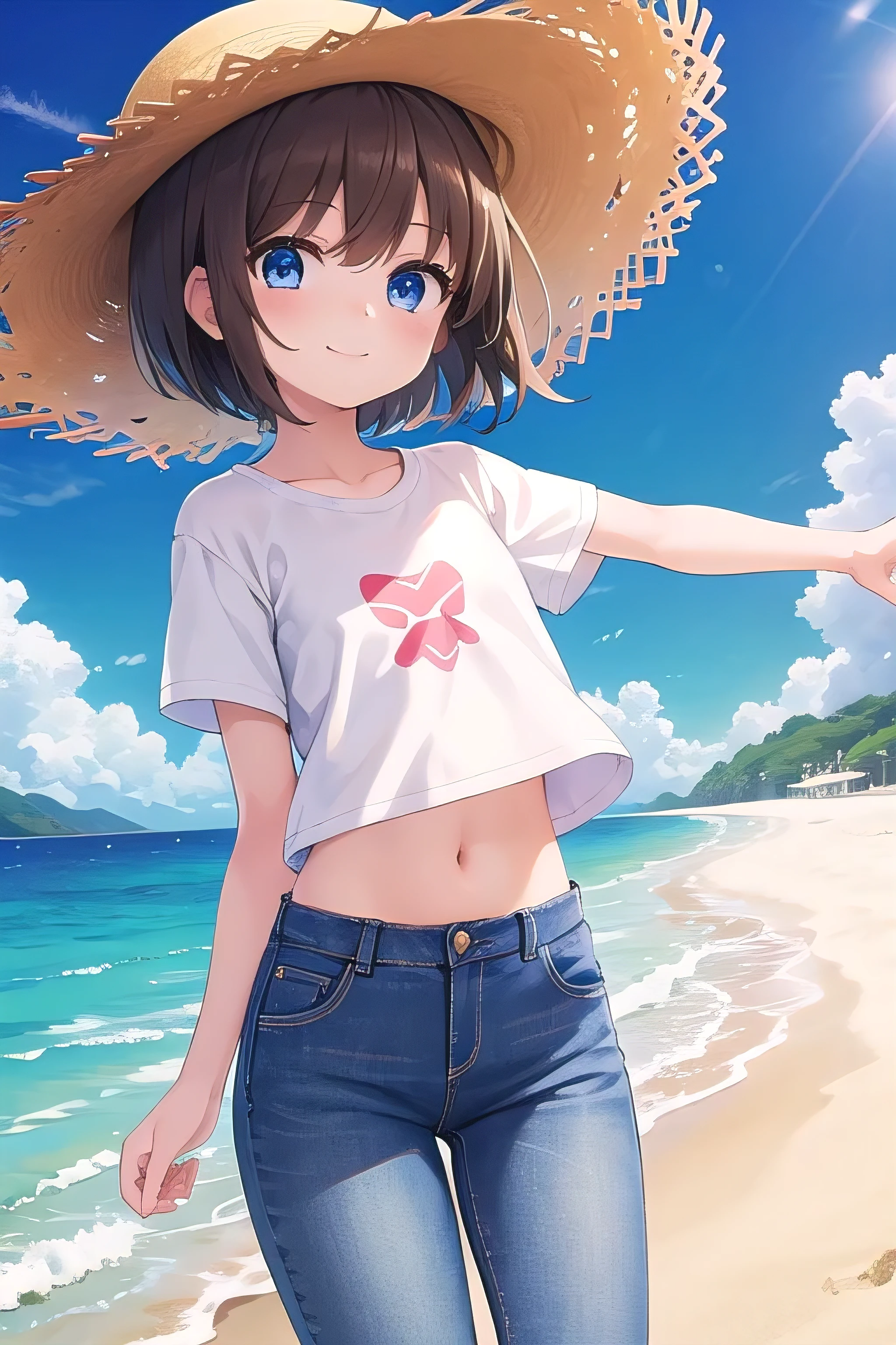 SOLO
ArmSupport,pov,FromBelow
1girl, izuna, short hair, fox ears, halo
striped bikini, visor cap, denim shorts, scarf, hair flower
happy,smile,:D,blush,navel,
,small breasts, sky,cloud,sun,sunlight,