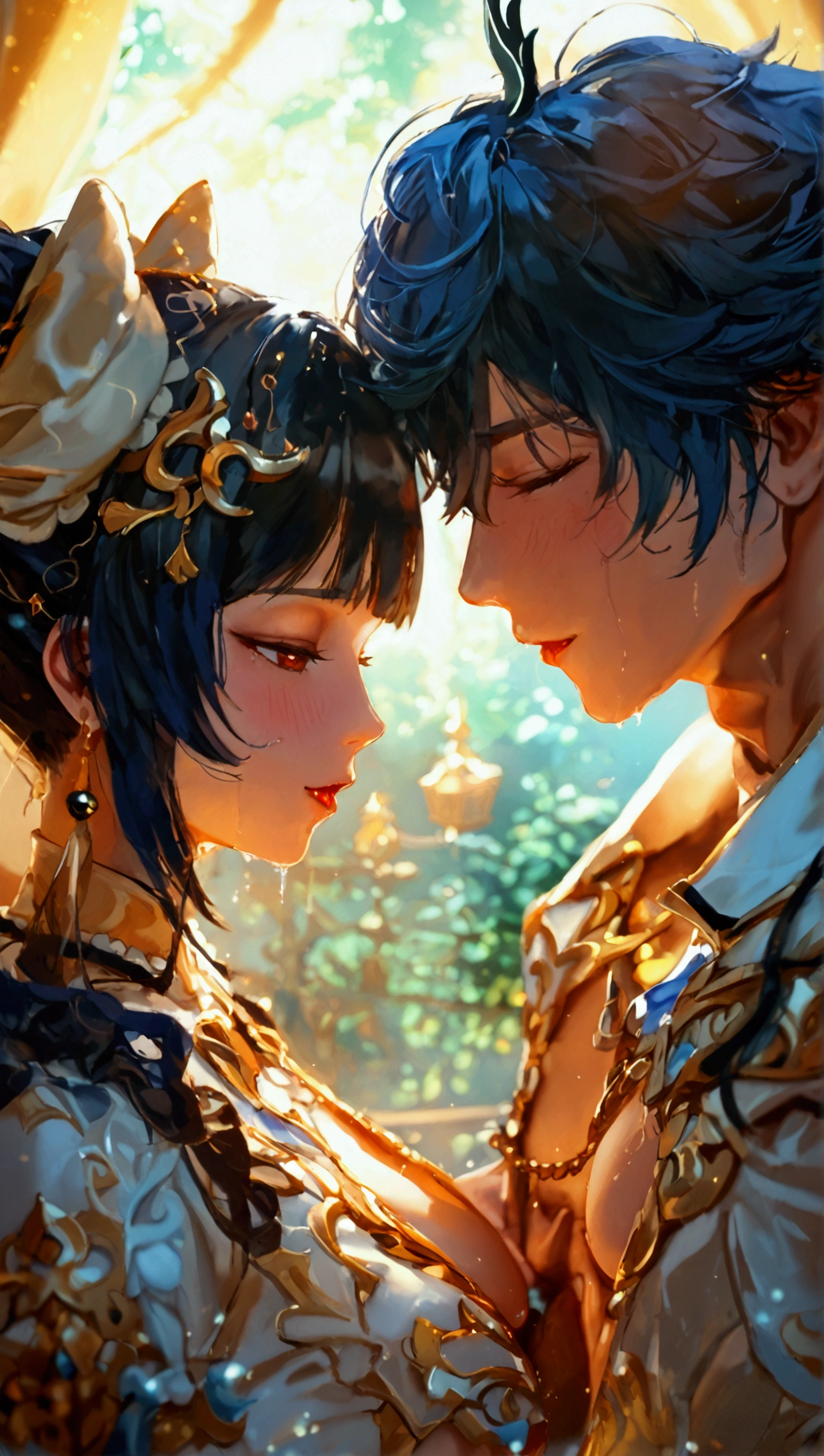 absurd, (absurd resolution)), masterpiece, best quality, (Extremely detailed 8k unity CG wallpaper), (best illustration), (best shadow), Realistic lighting, beautiful, face detail, beautiful face, Anime, 1boy 1girl, Ningguang \(genshin impact\), Aether \(genshin impact\), Doggystyle position, Vaginal penetration, vagina, Vaginal juice, sex, Passionate sex, Breeding sex, large voluptuous breasts, Wide hips, Perfect ass, bedroom, bed, light skin, Massive, Penis, Thick Penis, blushing, horny, Eager, Hip Movement, Orgasm, Pleasure face, Hands grabbing ass, Ass up shoulders down,