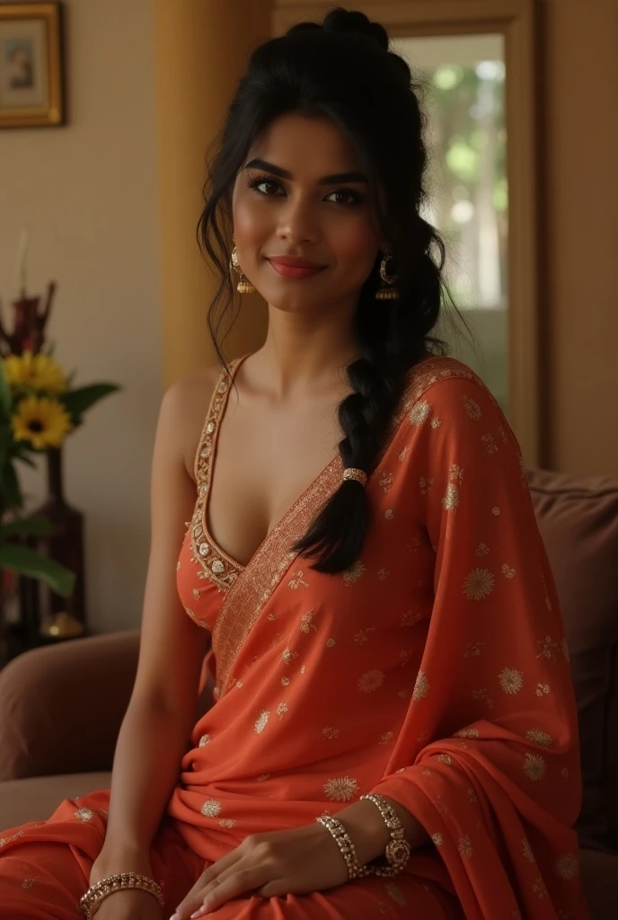 20 years beautiful, Indian girl, white long face like Iqra dutta, slim body, looking at viewer, medium breast, black silky hair, ribbons on right hand, watch on left wrist, traditional Indian yellow kurti, posing, selfie, in bed