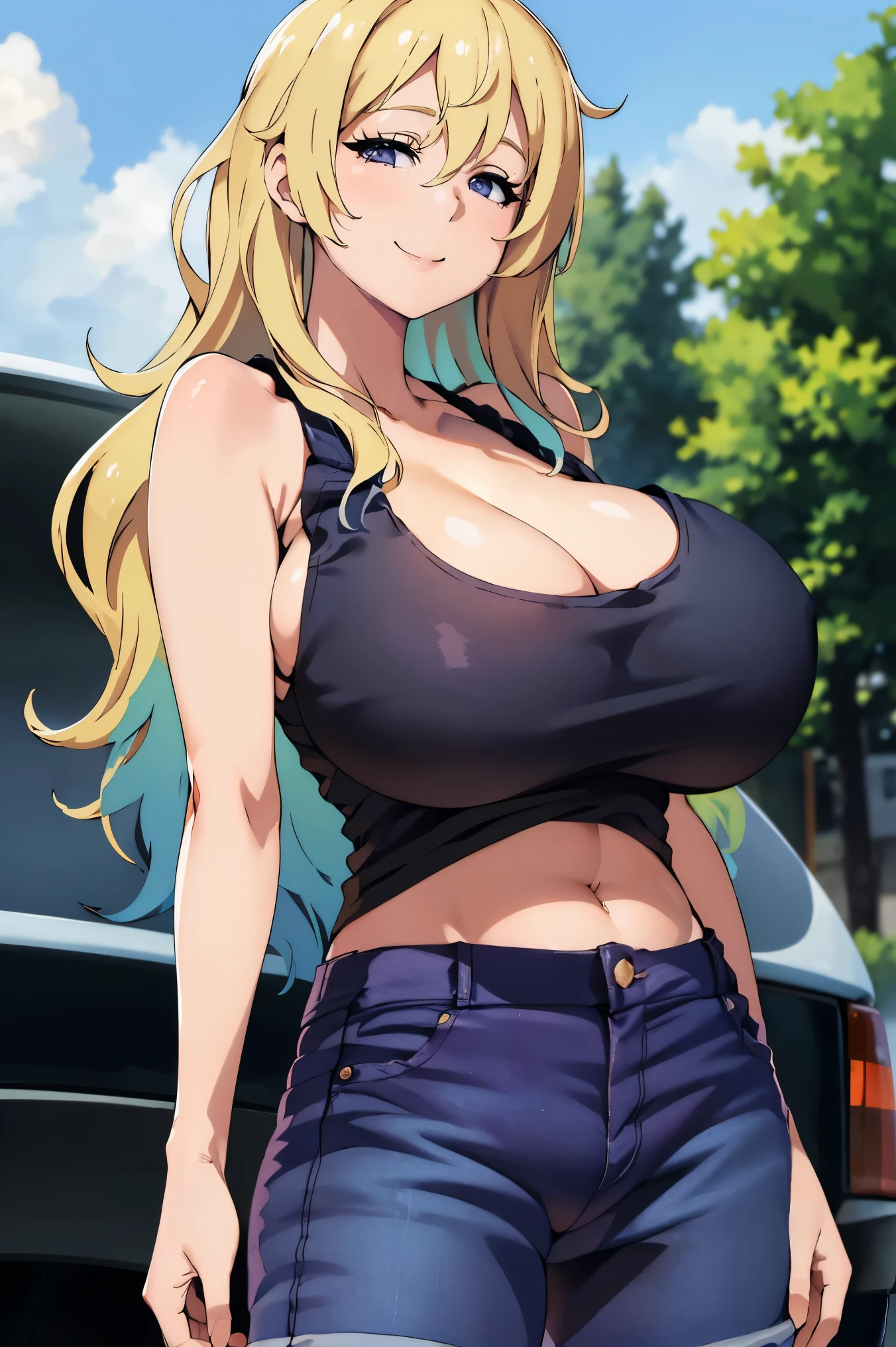 masterpiece, (huge tits), (((cleavage))), busty, thick, smile, ((( black tank top))), (((blue short pants jeans))), (best quality), ((solo)), 1girl, blonde hair, long hair, purple eyes ,(photorealistic:1.1), 8k uhd, looking a viewer, outdoors, simple backround, smile, ((open eyes)), 