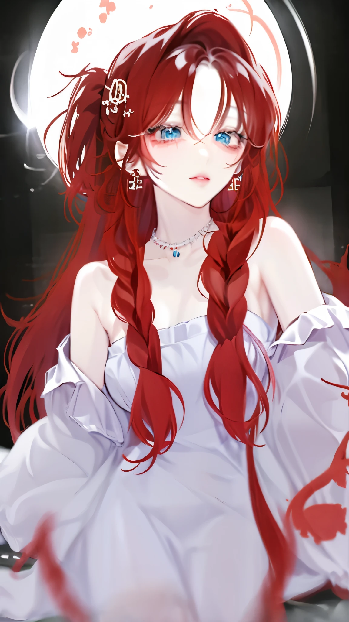 Ultra high resolution, frontal face of a young woman, with long cherry red hair braided, beautiful blue eyes, her face reflects her dullness of mind and arrogance, she wears a small black and white long dress with a single sleeve design, ruffled details add elegance and help to disguise the figure, the high skirt makes the figure slim, wearing a silver round necklace, the background is outside the church at night, the surrounding atmosphere is full of mystery with the lights of the church and the moon.