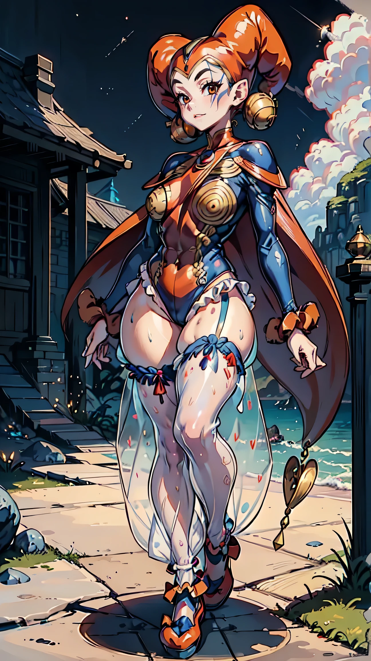 harle_\(chrono_cross\), facepaint, red_leotard, ((blue see-through harem_pants)), jester_cap, pawg, thick thighs, thigh gap, plump thighs, shinny thighs, muscular thighs, beautiful thighs, sweaty thighs, sweatdrop thighs, oiled thighs, large hips, narrow waist, thick calves, long legs, sexy beautiful woman, full body shot, full body, toned body, curvy, muscular female, shredded abs, fitness, small breasts. Looking at viewer. ((white facepaint)), strong blackeyeliner, ((curly clown shoes))