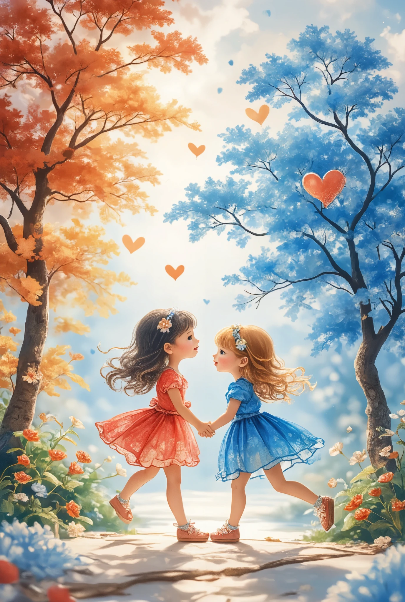  Children's hand-drawn paintings, romantic atmosphere, panoramic photography, watercolor brushstrokes, full-screen composition, vibrant colors, bright light, ultra-high definition 32k, fairy tale style, cheerful expressions, childlike innocence, dreamy color tones., mjtyhz, HTTP