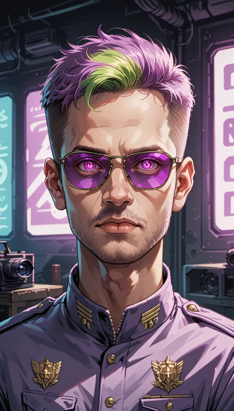 In a war room, purple military uniform, male general, Detailed Eyes, Detailed Nose, Detailed Mouth, Detailed Face, The angle is straight-on, capturing each intricate facial detail—sharp contours, fine skin textures, and subtle highlights. Background softly blurred with deep neon hues in shades of blue, purple, and pink, casting a futuristic, neon-noir glow. Cinematic, balanced lighting emphasizes the facial structure with delicate shadows and clear highlights.