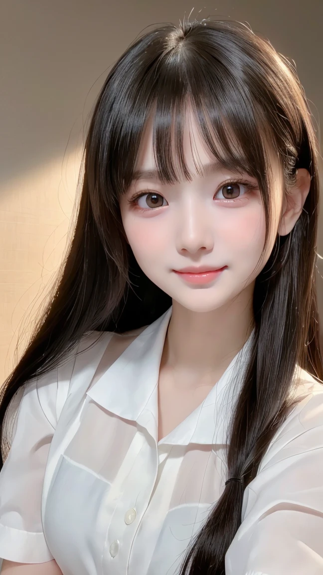 (baby face:1.8)、Selfie:1.5、(formal White Y-shirt:1.5)、(school uniform:1.5)、(8k,  RAW Photos,  highest quality, masterpiece:1.45), (Genuine, photoGenuineistic、photoGenuineistic:1.37), 一人の girl、cute、darkness、Wet、 Professional Lighting、  photon mapping  、 physically based rendering 、 グラデーションのBlack Hair 、frizzy hair 、Good Looking、 girl、  highest quality photos, high res, (cute face), (Detailed description of the face)、(Detailed hand description), (masterpiece), ( CG in detail), Extreme light and darkness, masterpiece, Rich details, (  Detailed Facial Features ), ( highest qualityの紴), (masterpiece), (  beautiful eyes), I can see the camera , Thin clavicle, ( smiles like a condescending smile )、 very detailed face,Lip details,  beautiful eyes、double eyelid、韓国人の girl:1.8、 no makeup in the coal mine、Upper body image、 Black Hair 、Genuineの人間