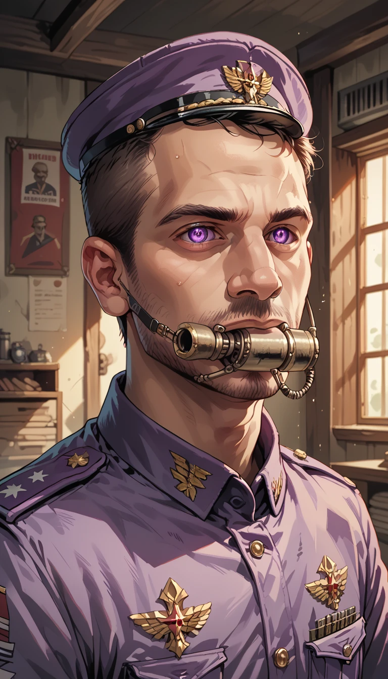 In a war room, purple military uniform, male general, Detailed Eyes, Detailed Nose, Detailed Mouth, Detailed Face.