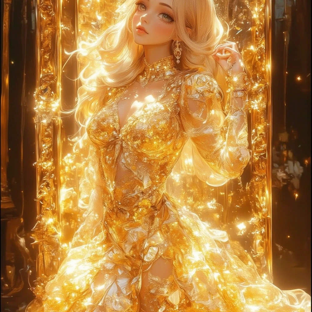 1girl, solo, magical glow, texture style10 texture influence image,glittering effects,soft color,beautiful gradation,background is texture style10 that is gold waves, showcasing its luxurious and elegant design