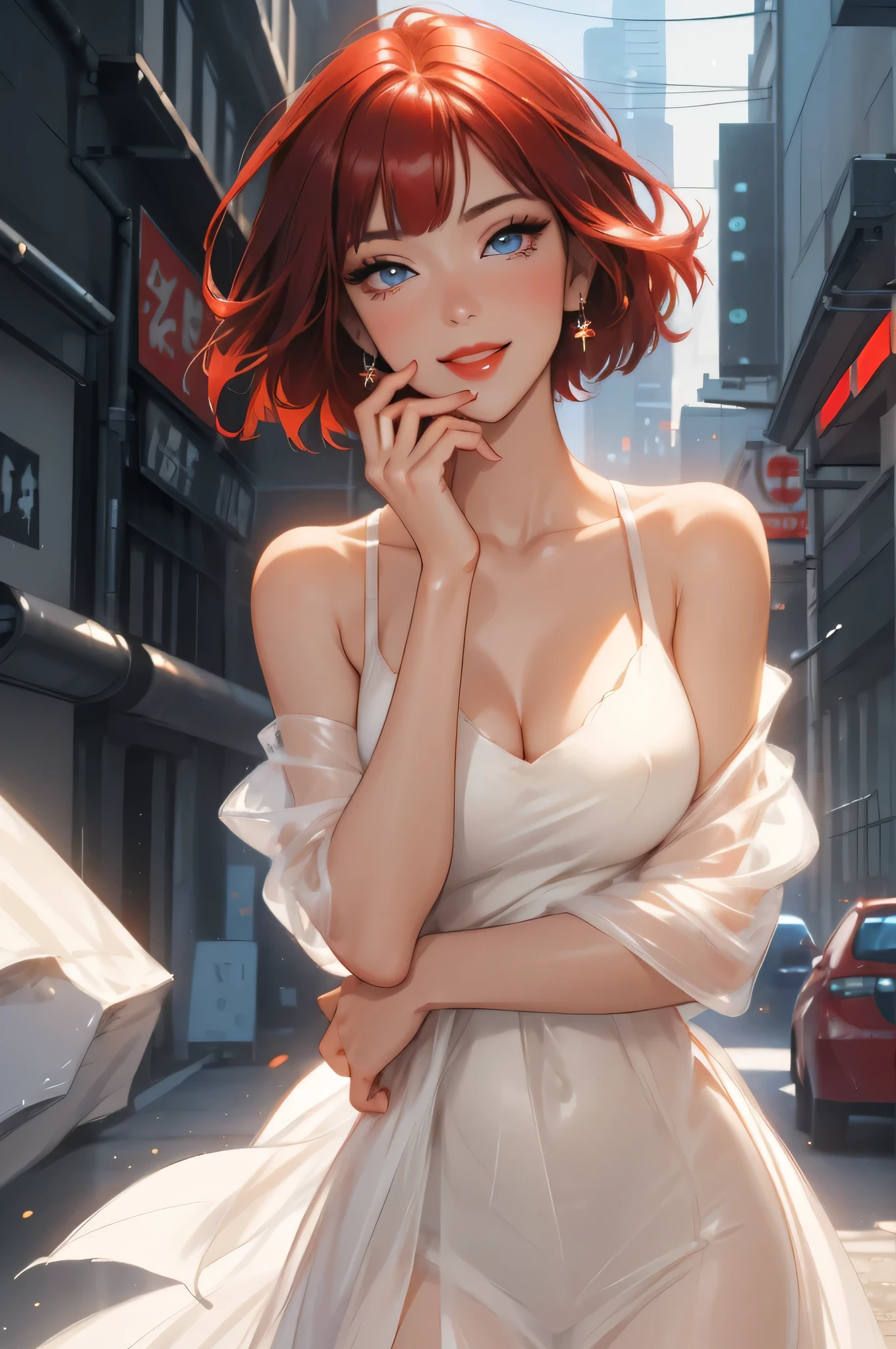 1girl,a beautiful fashion model ,(masterpiece, detailed background, best quality),short and shiny hair, red hair, hair with highlights, bangs, smirk,juicy lips,red lips, calmart, lingerie, stripping, elegant makeup, blue eyes, full body shot, (shiny skin), cyberpunk, sci fi, boa, extravagant jewelry, cocky expression, covered in jewelry, fancy, white dress, ((hand covering mouth, smug, discrete laughter)),