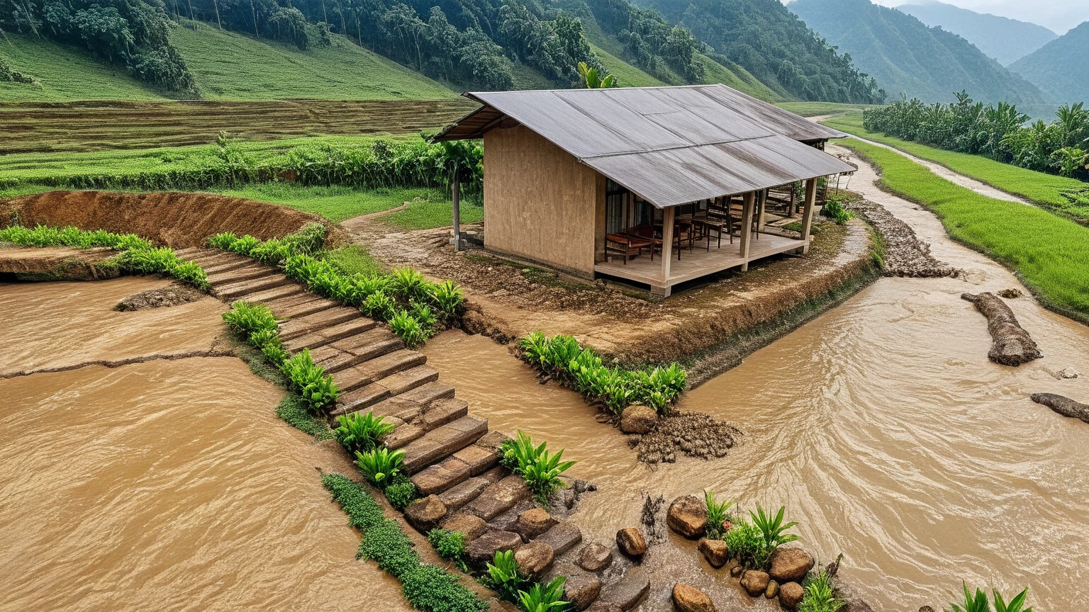 “A rural, mountainous area affected by flooding and landslides. A muddy, swollen river flows powerfully on the right side of the scene, eroding the banks and washing debris along with it. On the left, a damaged wooden and brick house sits precariously on the edge of the riverbank, showing signs of destruction with debris scattered around. In the background, mist covers the lush green forested hills, adding a somber atmosphere to the scene. A few people in the distance inspect the damage, emphasizing the impact of the natural disaster on the village.”