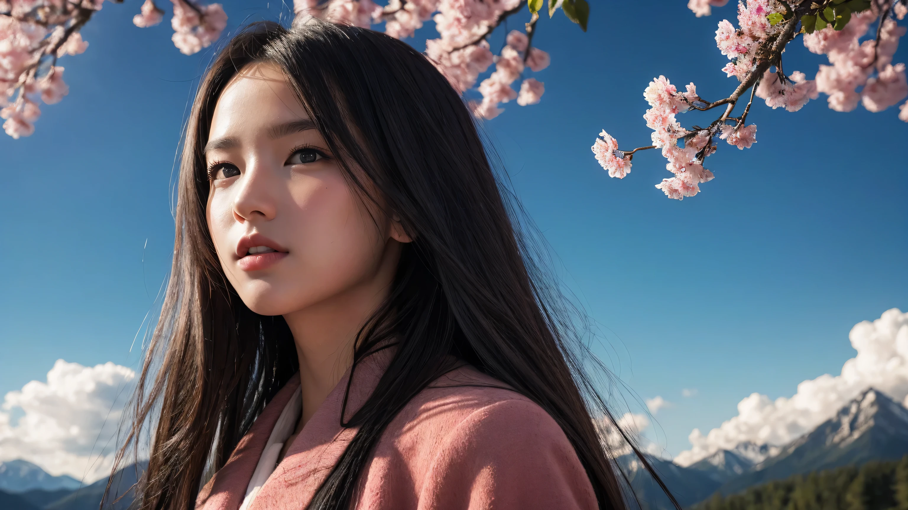 (best quality, masterpiece),(1 Girl, Shrine maiden, coat, Expression face, black eyes, Looking ahead ,Black Hair, walk, Upper Body), (Night sky, There is a huge old tree behind, Shiny pink petals are falling behind, Behind the Shrine, Mountain background, Blowing, Meteor Cloud)