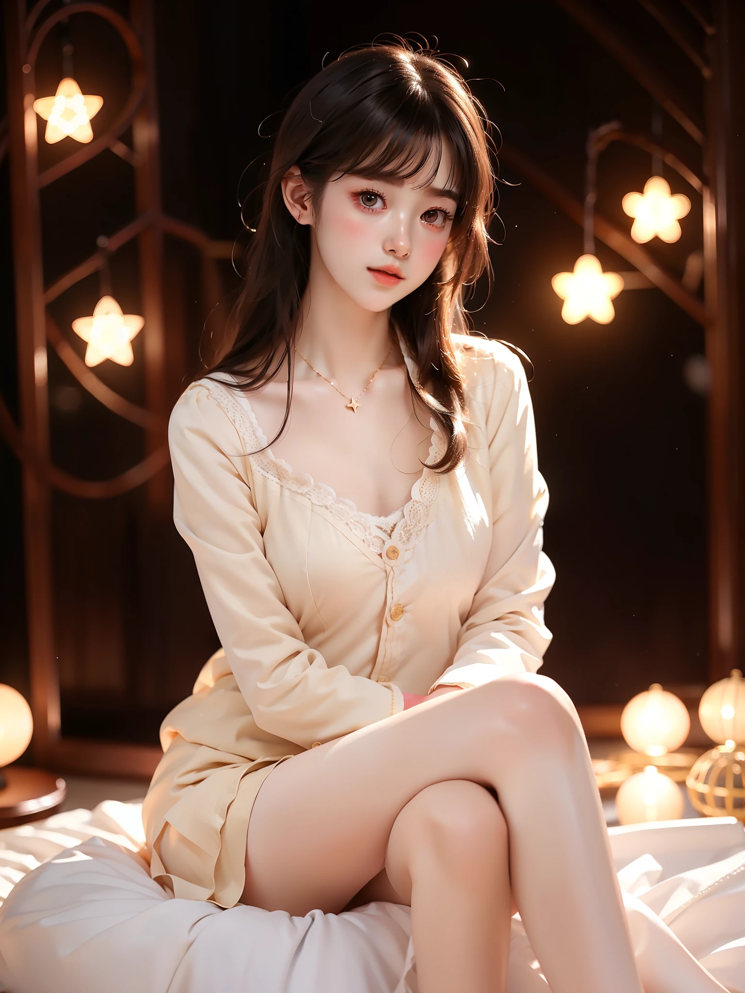 nogizaka_costume,  (((full body))), (Seated with straight legs and slightly bent knees, graceful curves and elegant posture), ((perfect figure)), (plump chest), ((cleavage)), (night view:1.3), full body shot, (elegant sitting posture:1.4), (graceful crossed legs), (relaxed natural pose:1.2), (galactic background:1.2), (stars:1.3), nebula, cosmic dust, ((long slender legs)), ((perfect body ratio)), (S-curve pose:1.3), (soft skin texture:1.2), ambient lighting, starlight, cinematic composition, 8k, masterpiece, shallow depth of field, movie lighting, professional photography