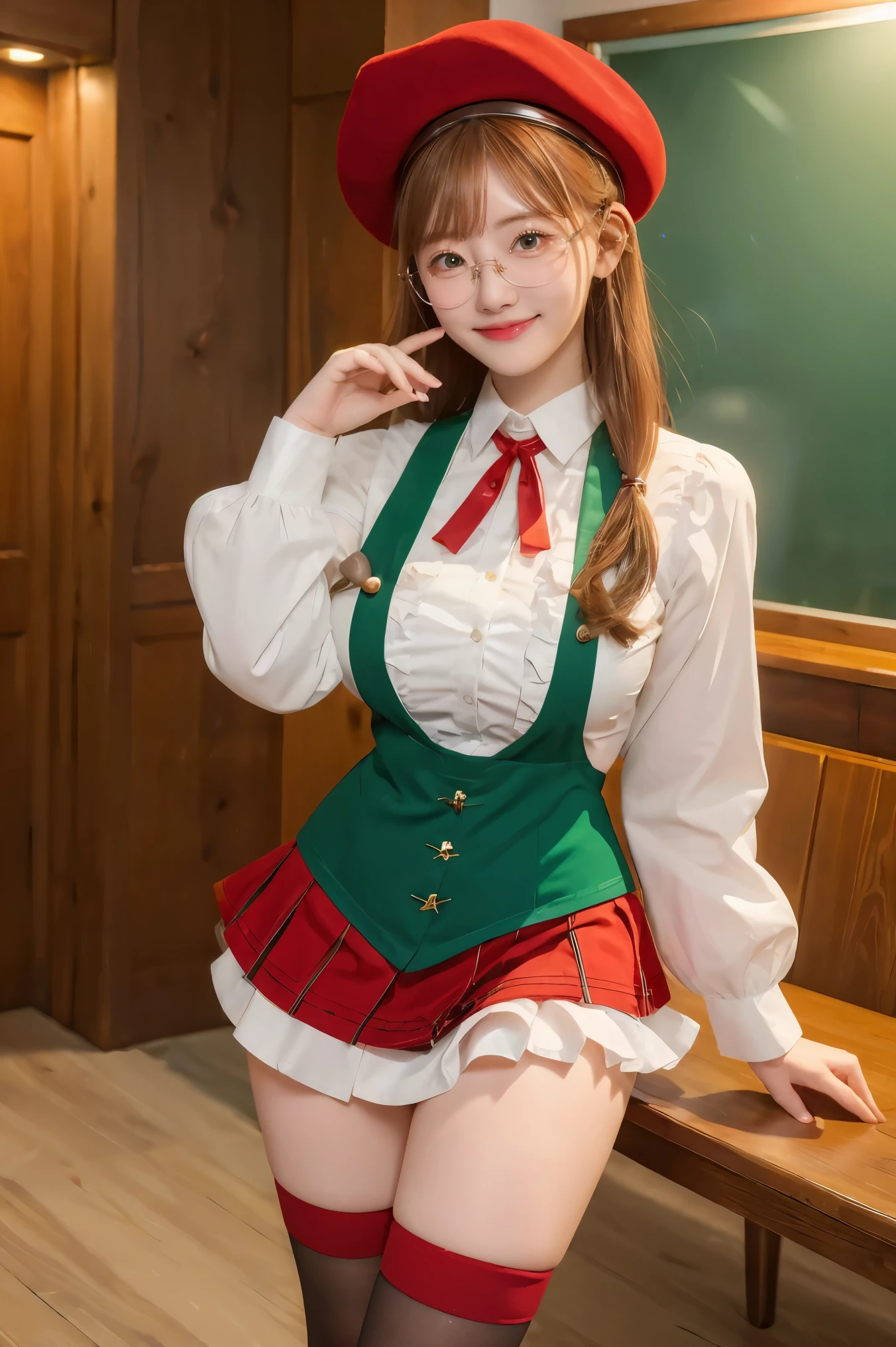 ((masterpiece, best quality)), aston machan (umamusume),, smile, large breasts, upper body, , long sleeves, white shirt, frills, green skirt, button, black thighhighs, suspender, , espectacled, red-framed eyewear, red hat crown, , crazy eyes, glowing eye, ,