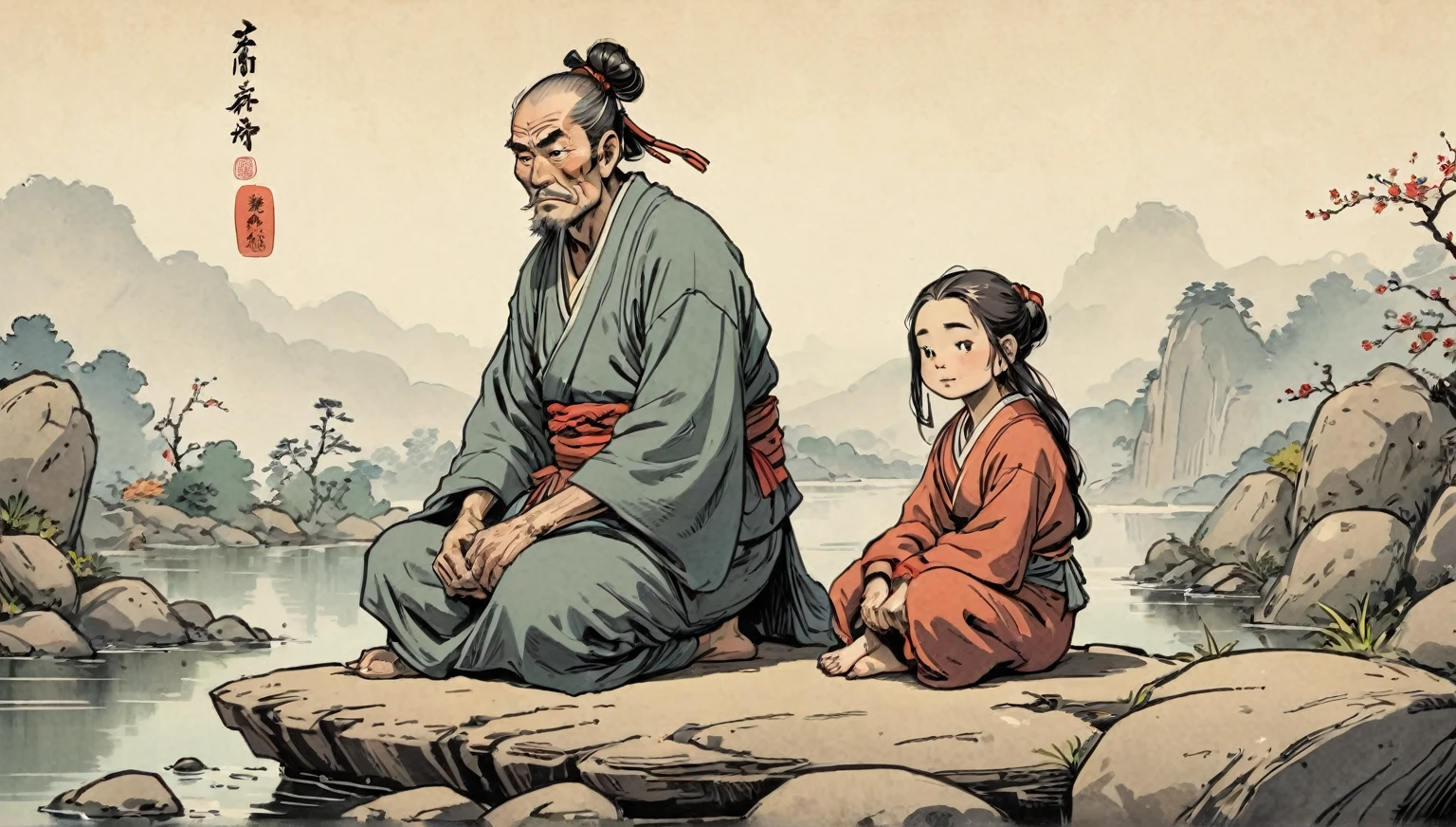 comics, flat inking, thick outline, illustration of an old ronin man sitting on a smooth rock, looking with envy at a peasant girl passing by, edo era, smirky smuggish expression, morning time