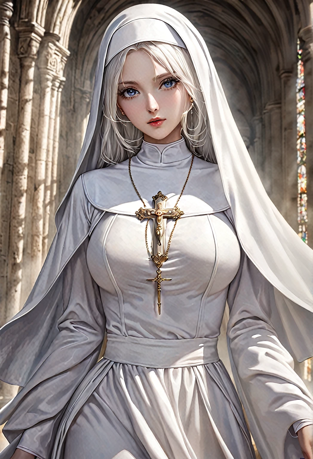 nun,full breasts,church,Cross up,8k,very well,hyperrealisti,work of art,high qualiy,rich details details