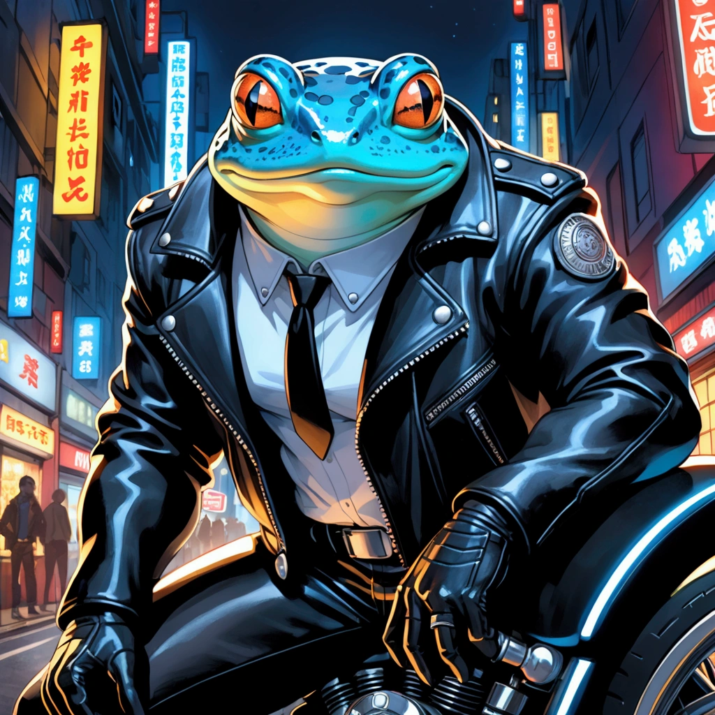 Closeup, anime art style, An extremely badass anthropomorphic light blue and white bullfrog wearing an insanely cool black leather biker jacket open, black biker shirt, black leather biker gloves, black leather biker pants, dynamic pose, lives in an oversized neon lit Japanese cityat night. A refined and moody comic book illustration in the style of Jacques Tardi: volumetric lighting, phantasmal iridescent, hypnotic symmetry, shot with Nikon D850 with topcor 58mm f/1.4 lens, award winning photography , Watercolor, trending on artstation, sharp focus, studio photo, intricate details, highly detailed, by greg rutkowski