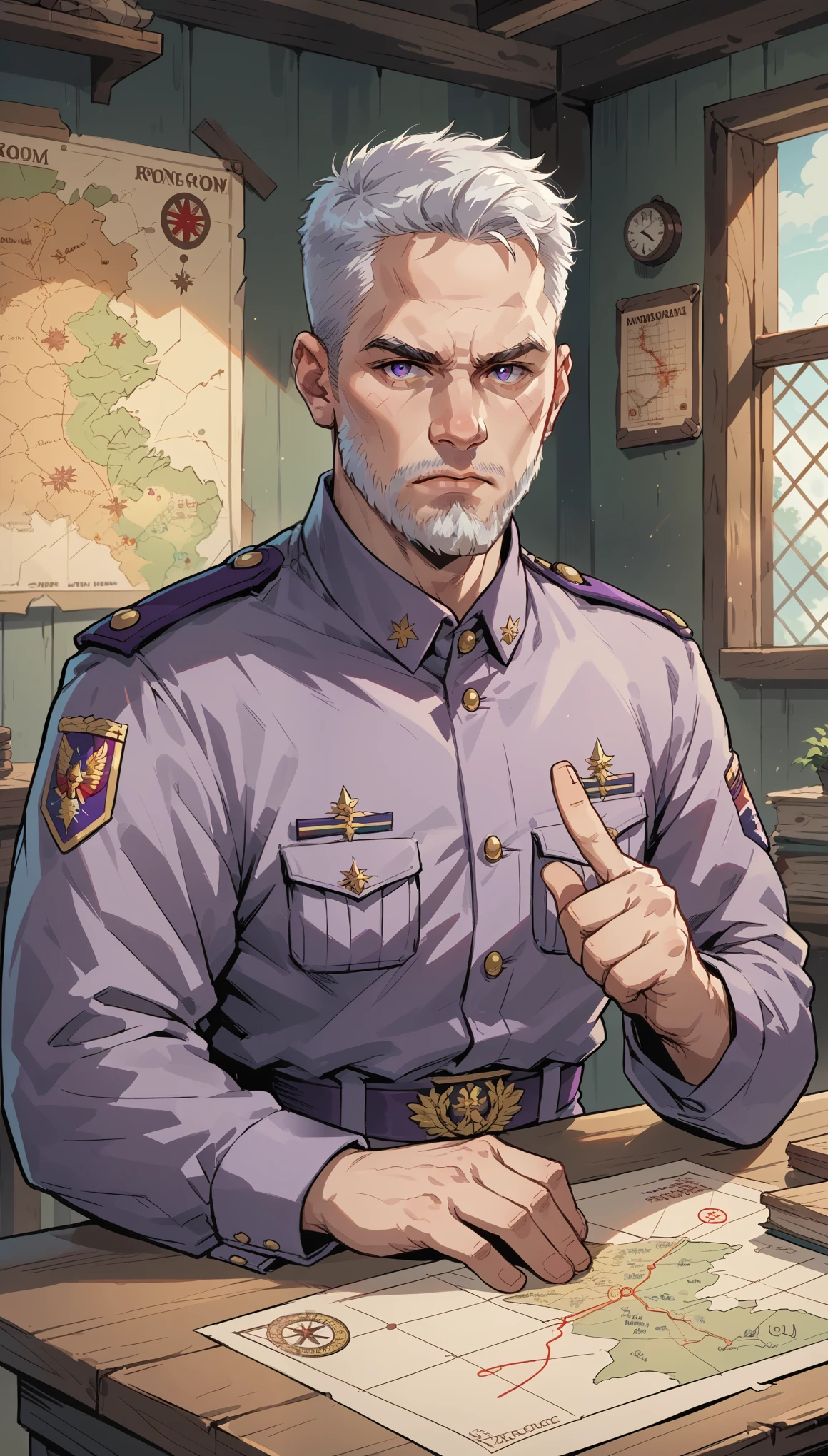 in a war room, purple military uniform, male general, white beard, serious expression, table map, finger pointing at map.