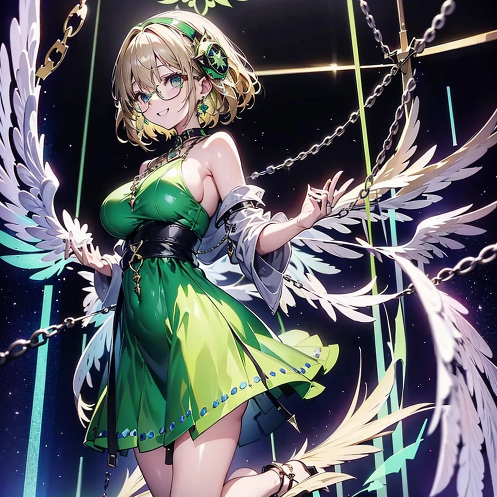  stand in front of green stained glass with a silver chain wrapped around your foot、Blonde、Strung silver chains 1 .3、black rimmed glasses 1.3、A big grin、long green battle dress