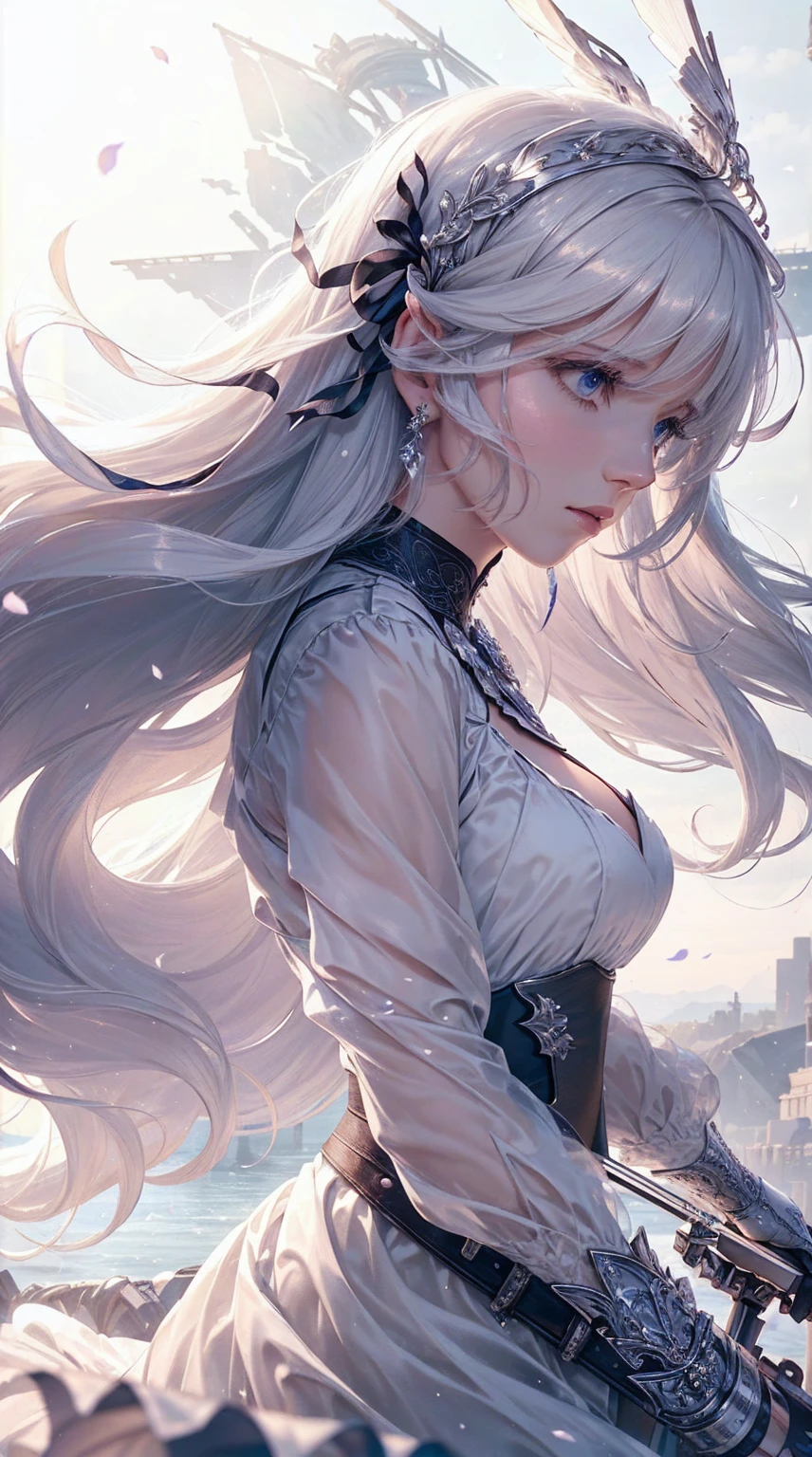 side angle face,Dutch Angle, angry,long white hair ,(dynamic angle:1.3),extreme closeup,windy,cinematic highlight,1girl,upper body,dacing,looking at viewer, violet_evergarden, solo, jewelry, blank eyes,brooch, ,( vevry long hair:1.2),floating hairlong_sleeves, ribbon, blue_eyes, jacket, dress, gem, hair_ribbon,sky, depth_of_field, a close view of flying petal,HD lighting and dark )<=(epic image quality)dark atmosphere with bright particle light(many effects in background)