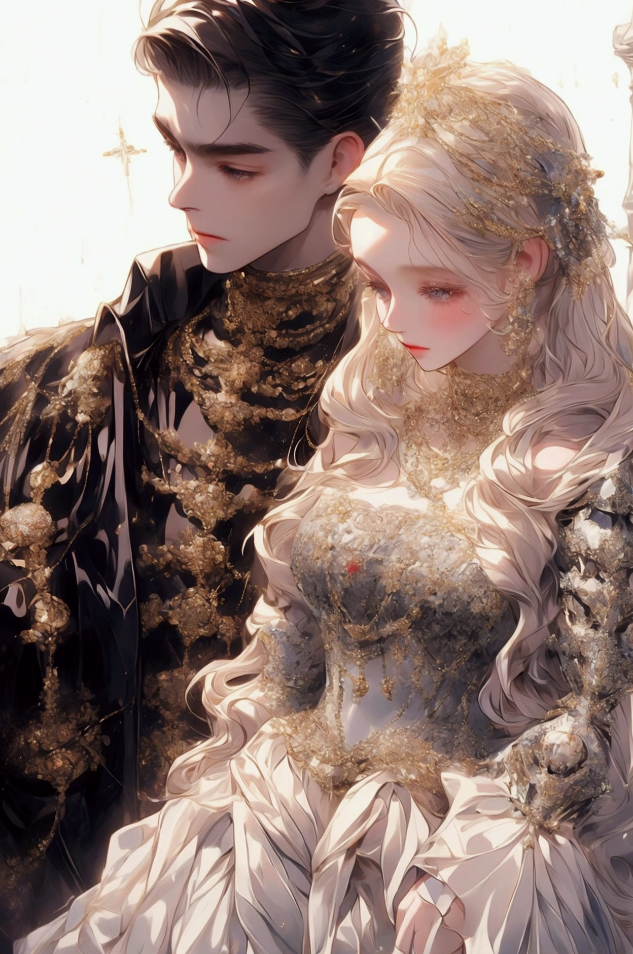 A blond 19 years old princess, she is expensicely dressed with accesories, she is wearing a ball gown from the finest of materials with jewelries on it , she is with a male knight, the make knight as black hair, he is wearing amour