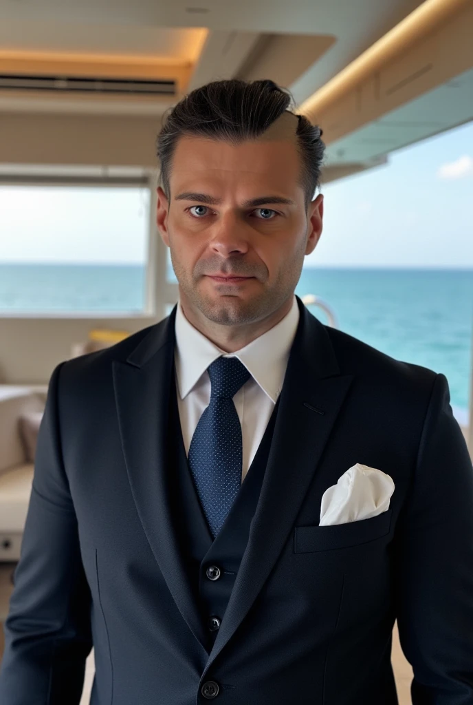 A lavish private yacht with a view of the open sea, original, exudes an intimidating presence with his broad shoulders and piercing gaze, often seen in impeccably tailored suits that signal his power and status. His face, marked by deep lines and a permanent scowl, reflects years of ruthless deal-making and dominance in the film industry. GM42 male