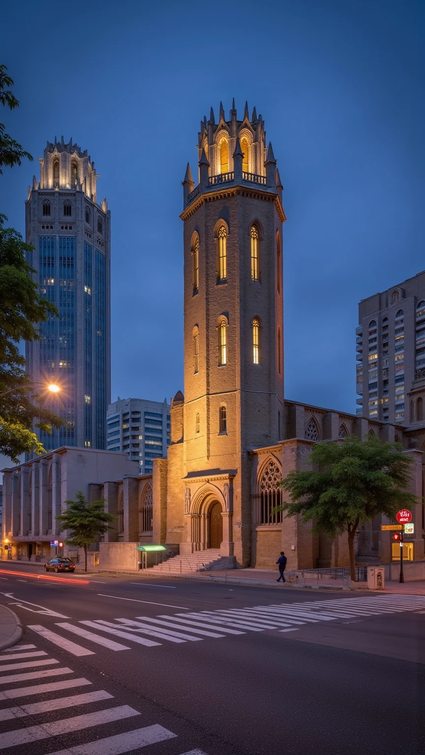 A hyper-realistic, cinematic view of a traditional church in the middle of Tokyo. The scene captures a beautiful contrast between the ancient architecture of the church, with detailed stone and stained-glass windows, and the modern skyscrapers and bustling urban environment surrounding it. Neon lights from nearby buildings subtly illuminate the church's facade, casting a warm glow in the nighttime cityscape. A sense of tranquility within the chaos, with a few pedestrians passing by in awe of the serene structure among the busy city streets