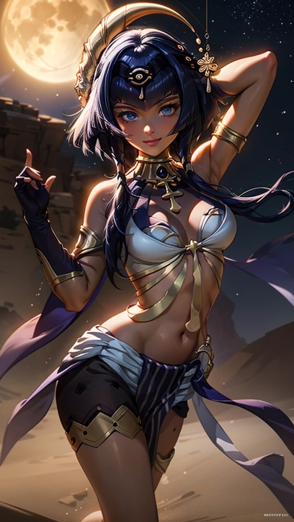 masterpiece, 8k, high resolution, shrine, semi-realistic, 1 girl, portrait 3:4, (high detailed face), high detailed body and clothes, (detailed hands, no bad hands, No bad fingers), arms up, (hands behind the head), smile, looking at viewer, dynamic, small breasts, downblouse, leaning forward,sexy, perfect body, perfect legs, no stockings, Candace (genshin_impact), genshin_impact, in the desert at night, moon and stars,