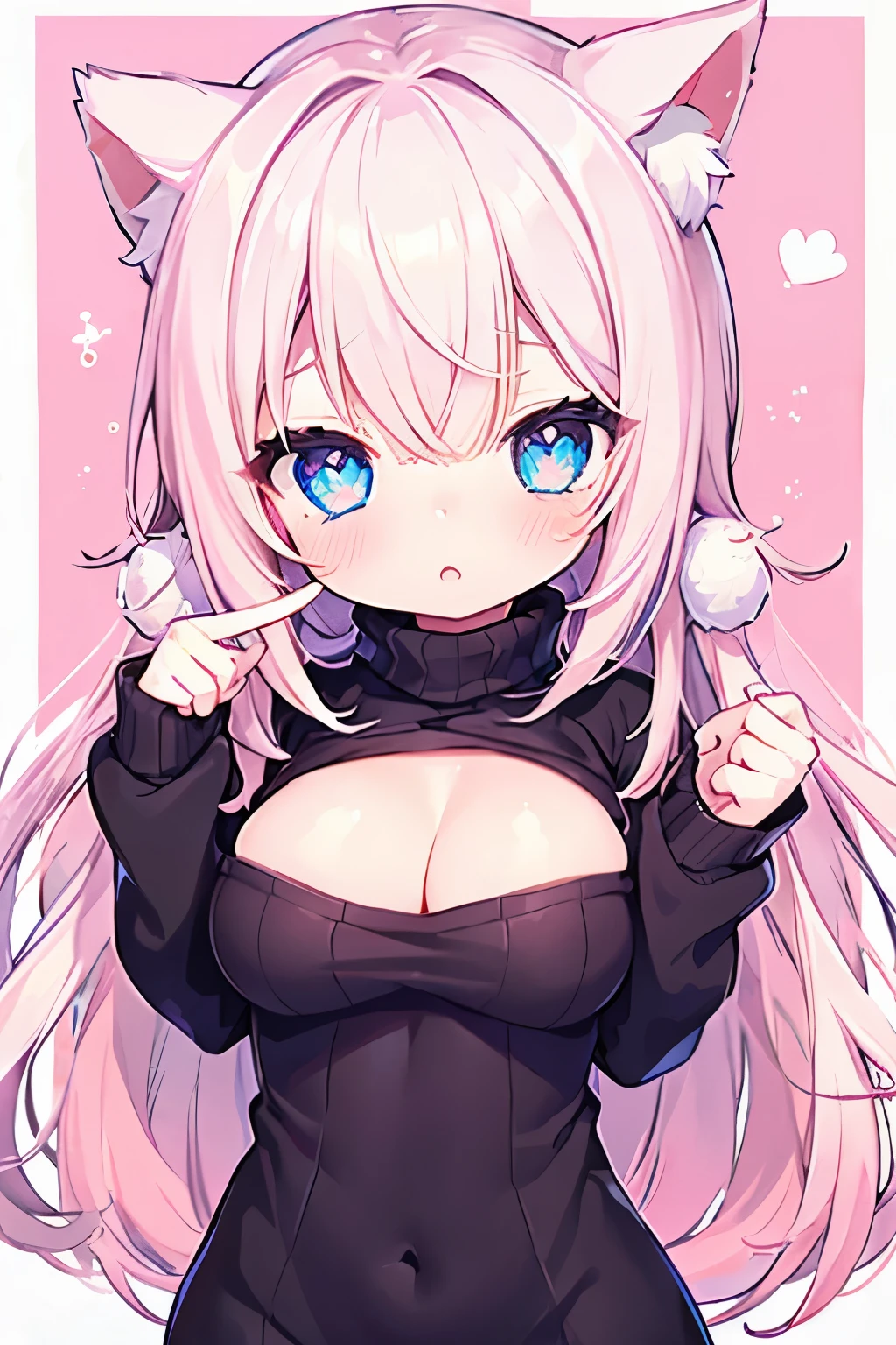 nsfw, virgin killer sweater, (sweater dress:1.2), ribbed sweater,sideboob,cleavage cutout, turtleneck sweater,(white sweater:1.3),crop top navel, light pink hair  ,Very beautiful and Sparkling Eyes、Sparkling Eyes、  1 girl、 big chest、cat ears、((((( )))))、heart❤、((sweat、vapor)）,Cat ears