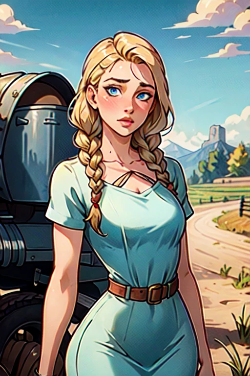 Blonde,braids,Sleek tied hair,
slim face,white skin,sunkissed blush,light blue eyes,snub nose,delicate mouth and jaw,
petite,very young girl,very thin complexion,skinny,slender body,
masterpiece, best quality, HDR,
dressing 1910 farmer’s dress,
red dead redemption 2 farm background,
