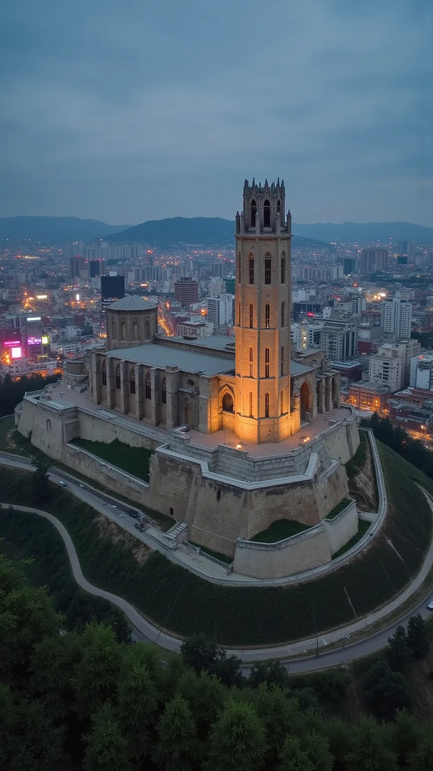 A hyper-realistic, cinematic image of the massive Seu Vella cathedral, perched majestically on a mountain in the middle of Pyongyang. The cathedral's grand stone architecture, with its detailed facade and towering spires, stands in stunning contrast against the modern cityscape below. The lights of Pyongyang glow in the background, illuminating the scene with a mix of neon and streetlights, creating an ethereal atmosphere around the cathedral as it overlooks the city from its elevated position. A sense of awe and timelessness surrounds this impressive structure amidst the urban landscape