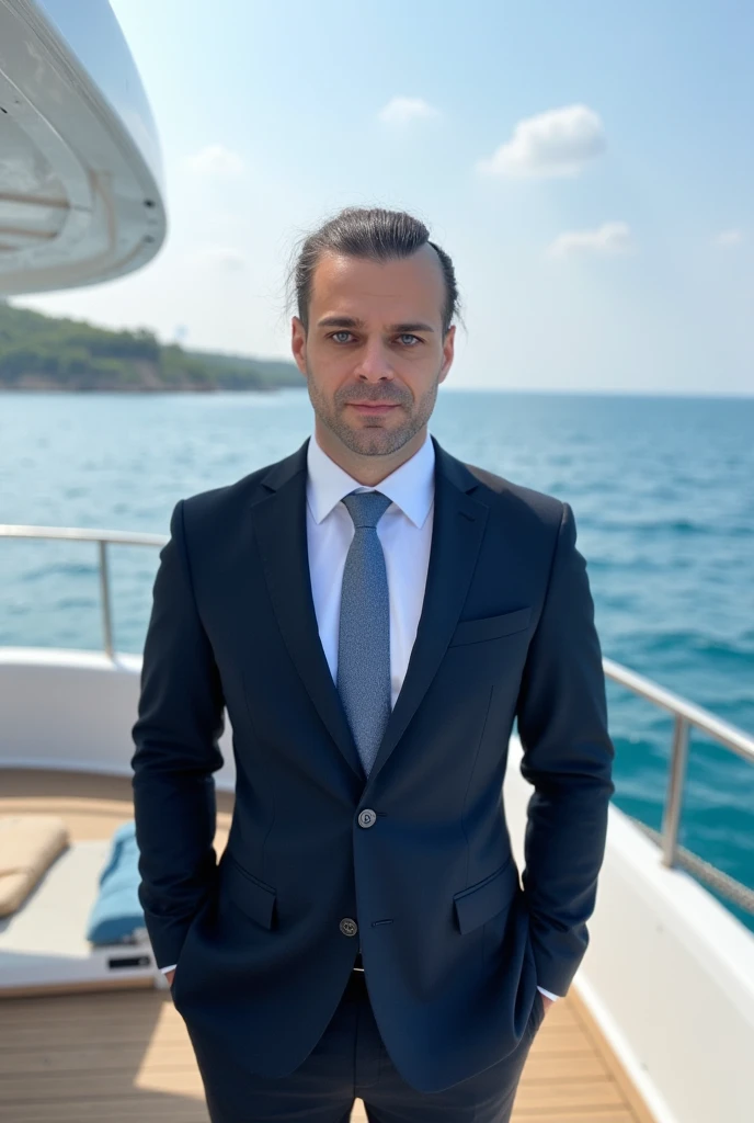 best quality, HDR, UHD, 8K, GM42 solo, front view, (photo_(medium)), (looking at viewer:1.2), (1 man:1.3), (yacht:1.4), (standing:1.5), bright light, business suit, age 35, sea background.