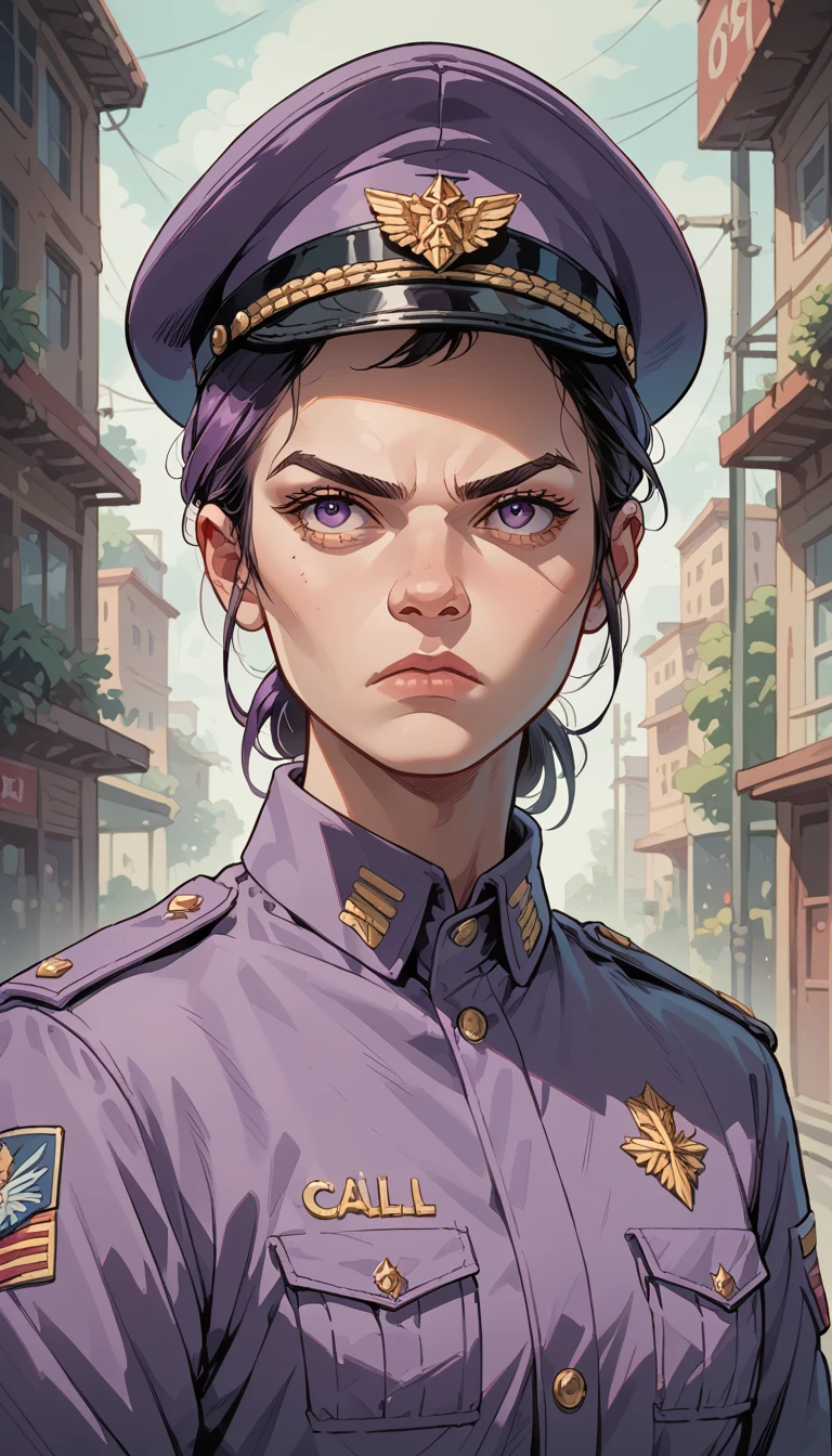 female messenger, purple military uniform, serious expression, call up.