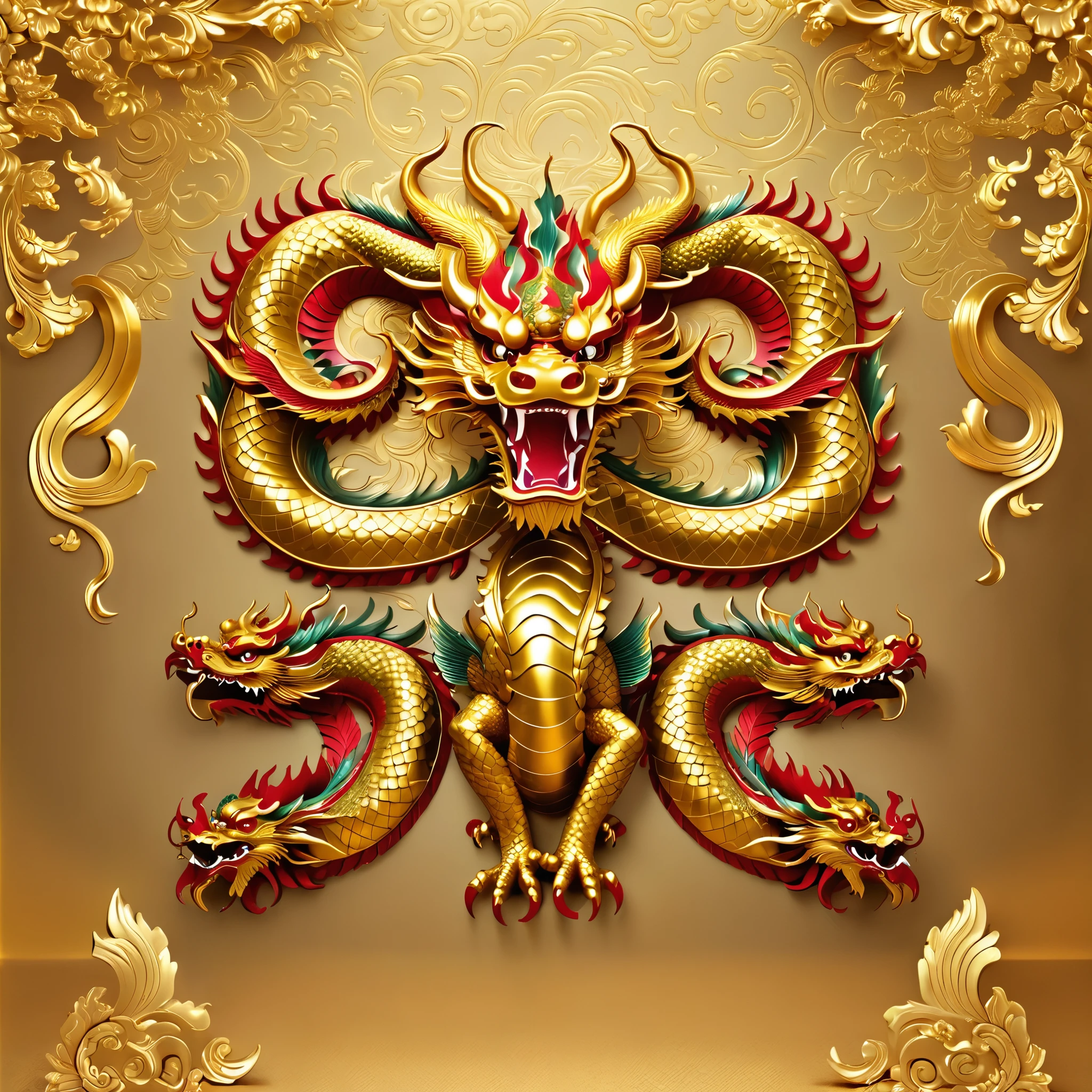  a set of continuous golden dragon sculptures in the same style from different angles,Photograph ,ruby，Exquisite pattern，Medieval style,gold engraved background