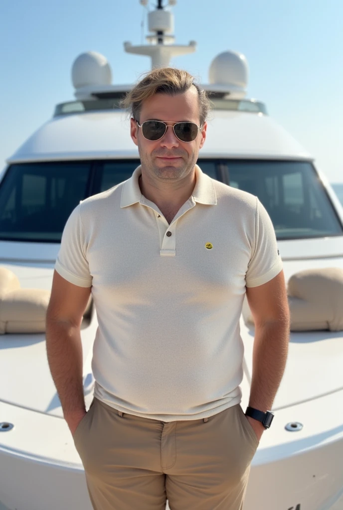 Make GM42. Create an image of a yacht owner wearing a cream knit polo with All the buttons buttoned up and khaki pants. Make him look young and looking straight in the camera with sunglasses. Make the top button buttoned up and make his blonde with a cheesy smile. Show his whole body and yacht. Make the shirt tucked in witha. Belt. Make him reallly reallly ugly