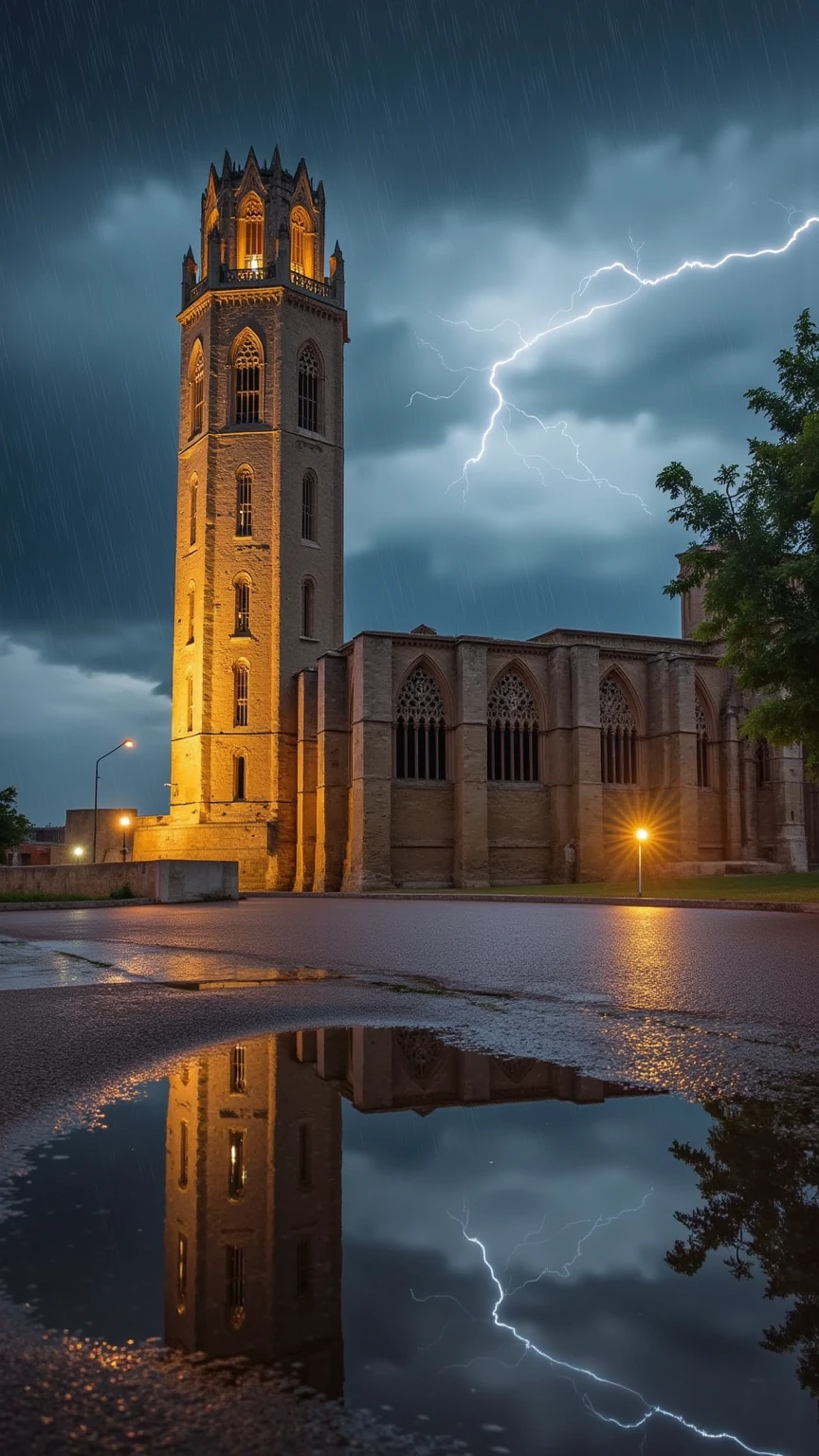 An ultra-realistic, cinematic depiction of the Seu Vella cathedral under a dramatic, overcast sky filled with storm clouds. Rain pours heavily, creating a moody atmosphere as lightning illuminates the dark, brooding clouds above. The stone walls and towering spires of the cathedral stand resilient against the storm, appearing powerful and imposing. Around the cathedral, puddles form on the ground, capturing intricate reflections of the Seu Vella in the water, enhancing the scene's intensity. The entire setting exudes a raw, cinematic energy, with rain and lightning casting a mesmerizing effect on the surroundings.