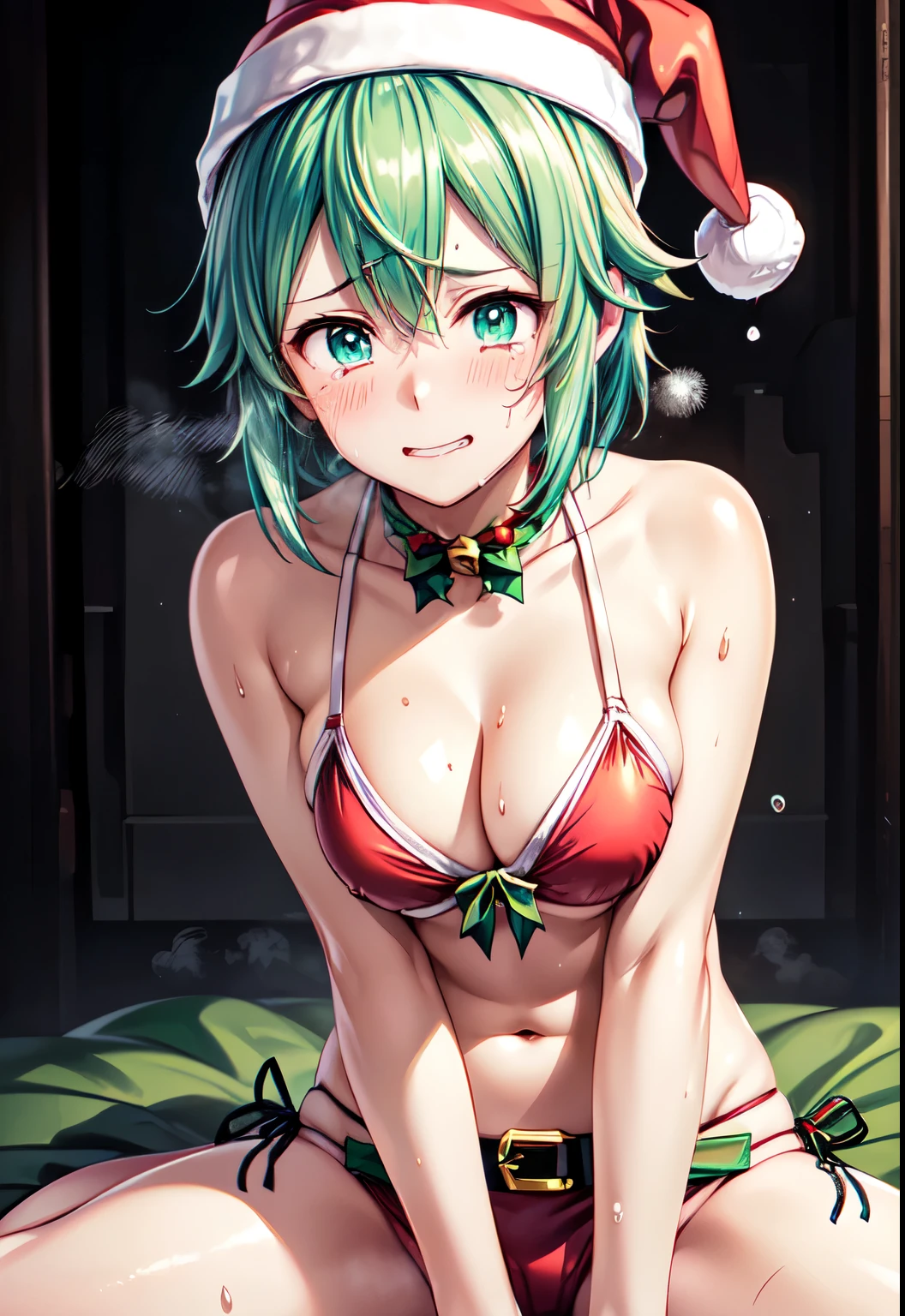 Best Quality,, Short Hair、smile、smile、 shortcuts、The present is Shinon、(  anime illustration style :1.2), Field, sinon、Beautiful green hair、 closed mouth、smile、 (Santa hat,Santa in bikini:1.5)、(Genuine、Realistic、Realistic:1.2),( put your hand between your crotch、 hold your crotch with your hands),(Trembling:1.2),(Gasp、Heavy breathing:1.3)、( embarrassing、blush:1.3),(Release your lips:1.2),( open my eyes 、Hollow Eyes:1. 2),( fidget :1.3),( steam :1.2),(Sweaty:1.2),(Flowing Tears:1.2),(Drooling:1.2),(Weakness:1.3),( Look Away ),(Speaking Heart:1.1),(Spread your legs,  spread his legs)