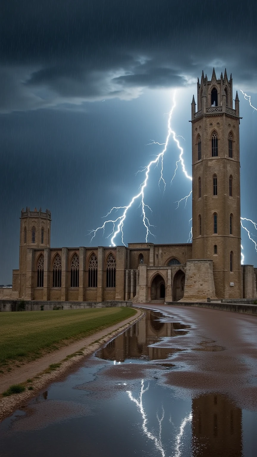 An ultra-realistic, cinematic depiction of the Seu Vella cathedral under a dramatic, overcast sky filled with storm clouds. Rain pours heavily, creating a moody atmosphere as lightning illuminates the dark, brooding clouds above. The stone walls and towering spires of the cathedral stand resilient against the storm, appearing powerful and imposing. Around the cathedral, puddles form on the ground, capturing intricate reflections of the Seu Vella in the water, enhancing the scene's intensity. The entire setting exudes a raw, cinematic energy, with rain and lightning casting a mesmerizing effect on the surroundings.