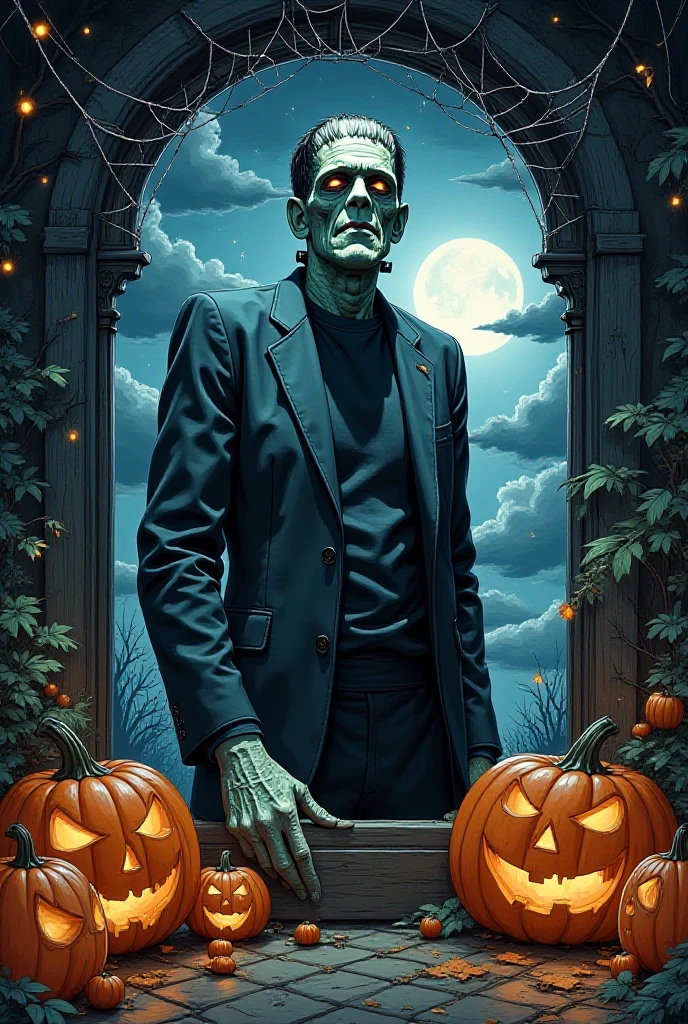 illustration, a beutiful half body frankenstein monster stands  hat spider web window night moon stars clouds pumpkins jack o lanterns lights, Watercolor, trending on artstation, sharp focus, studio photo, intricate details, highly detailed, art by  louis royo,  greg rutkowski, spider web windows 