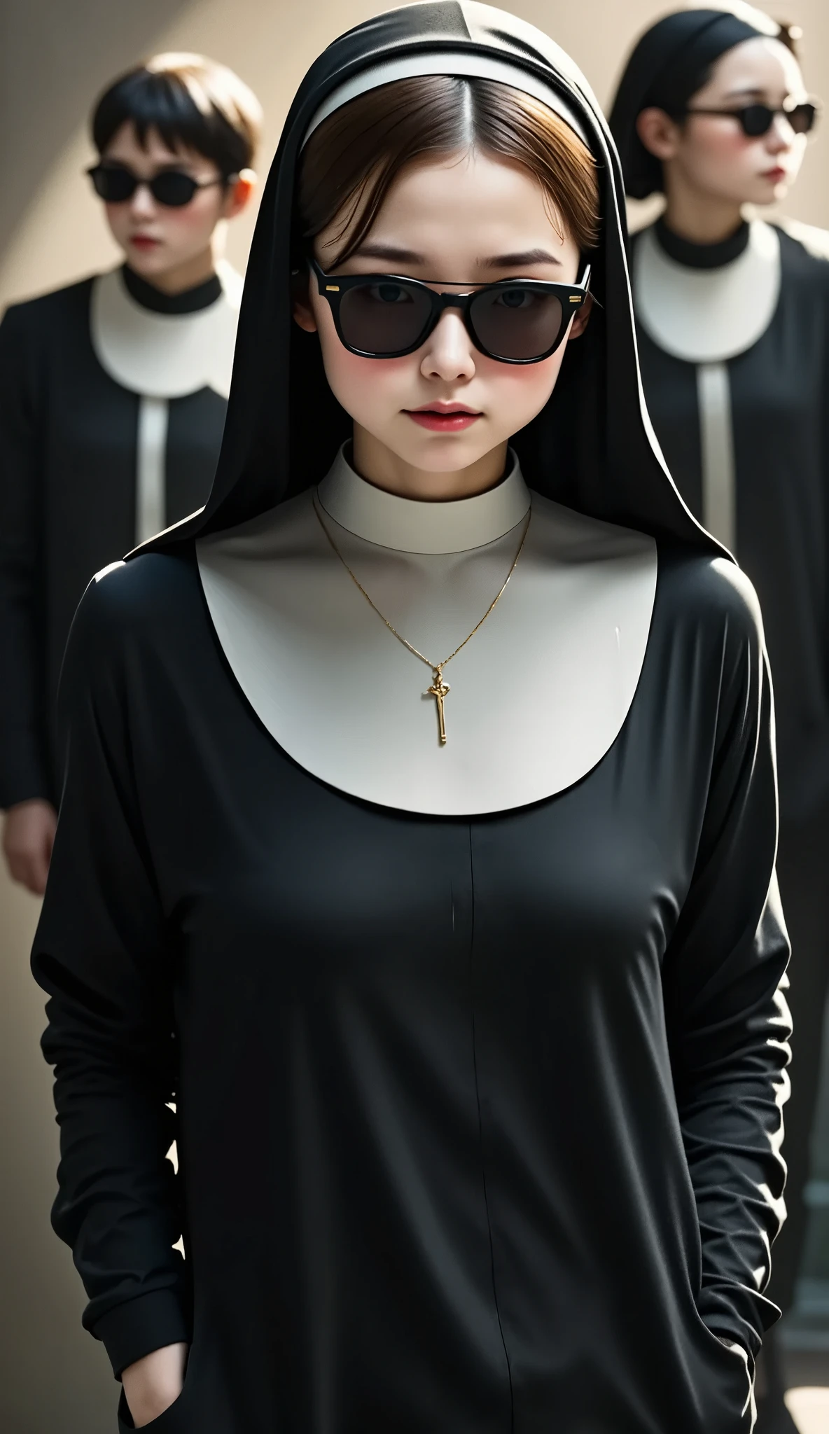 Bad Behaving Nun 、 Nun Wearing Sunglasses、 putting hands in pockets 、Too thin、Pale face、Face of a dead person 、Drug addiction、 looks bad、Drug addiction、alcoholism、break、(((修道女の後ろにBlues Brothers が居る、Blues Brothers 、修道女を見るBlues Brothers )))、