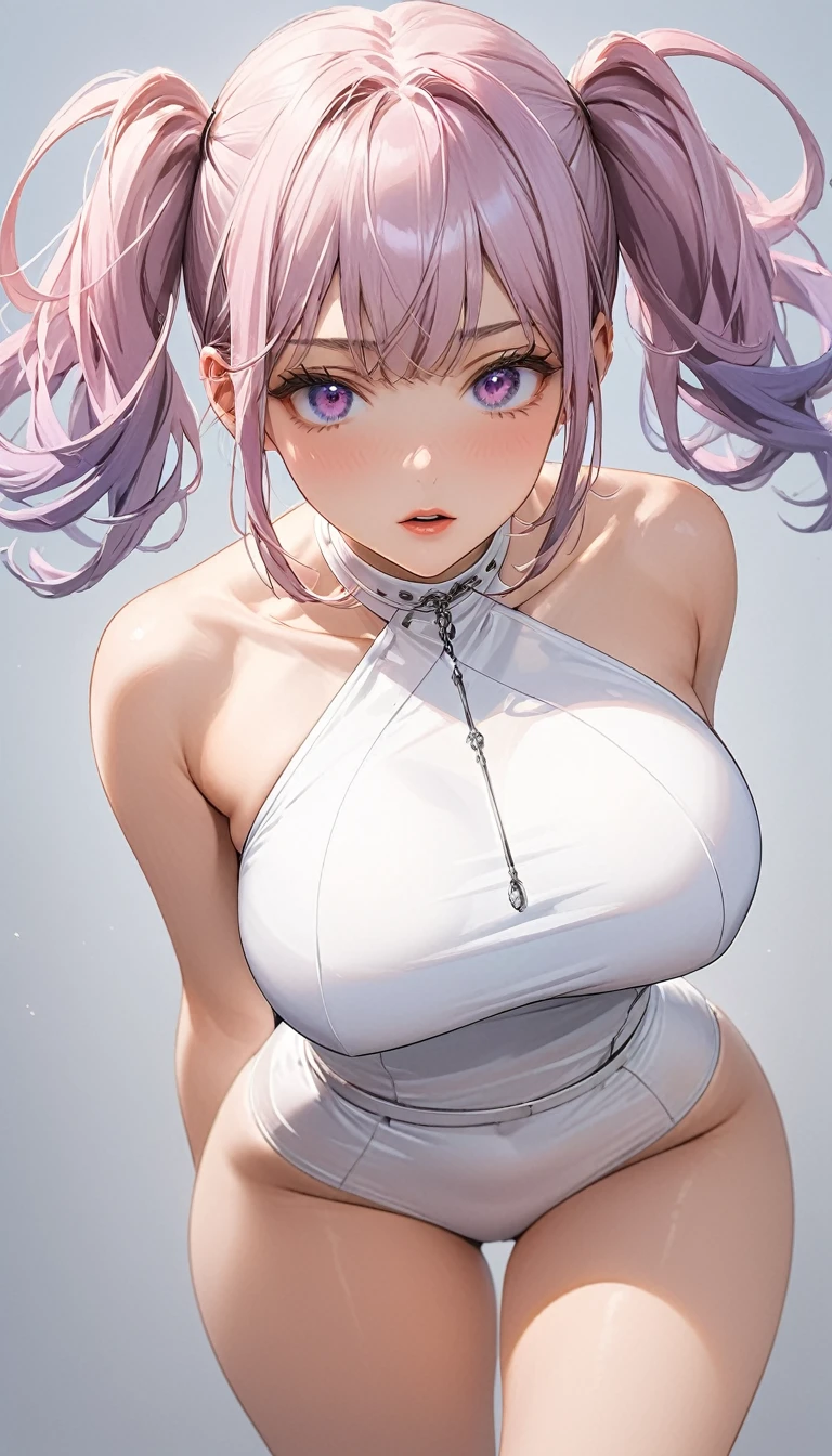 (Top quality line drawing,( amazingly absurd)),(masterpiece:1.2), obscene expressions, Captivating eyes, Perfect Proportions,超 high resolution,  attention to detail,  high quality,  high resolution, 最 high quality,  cute girl ,Light purple hair, bob cut , purple eyes, stylish,Thighs,Busty,Confused eyes,Quite large breasts,Pigtails,Big Butt,