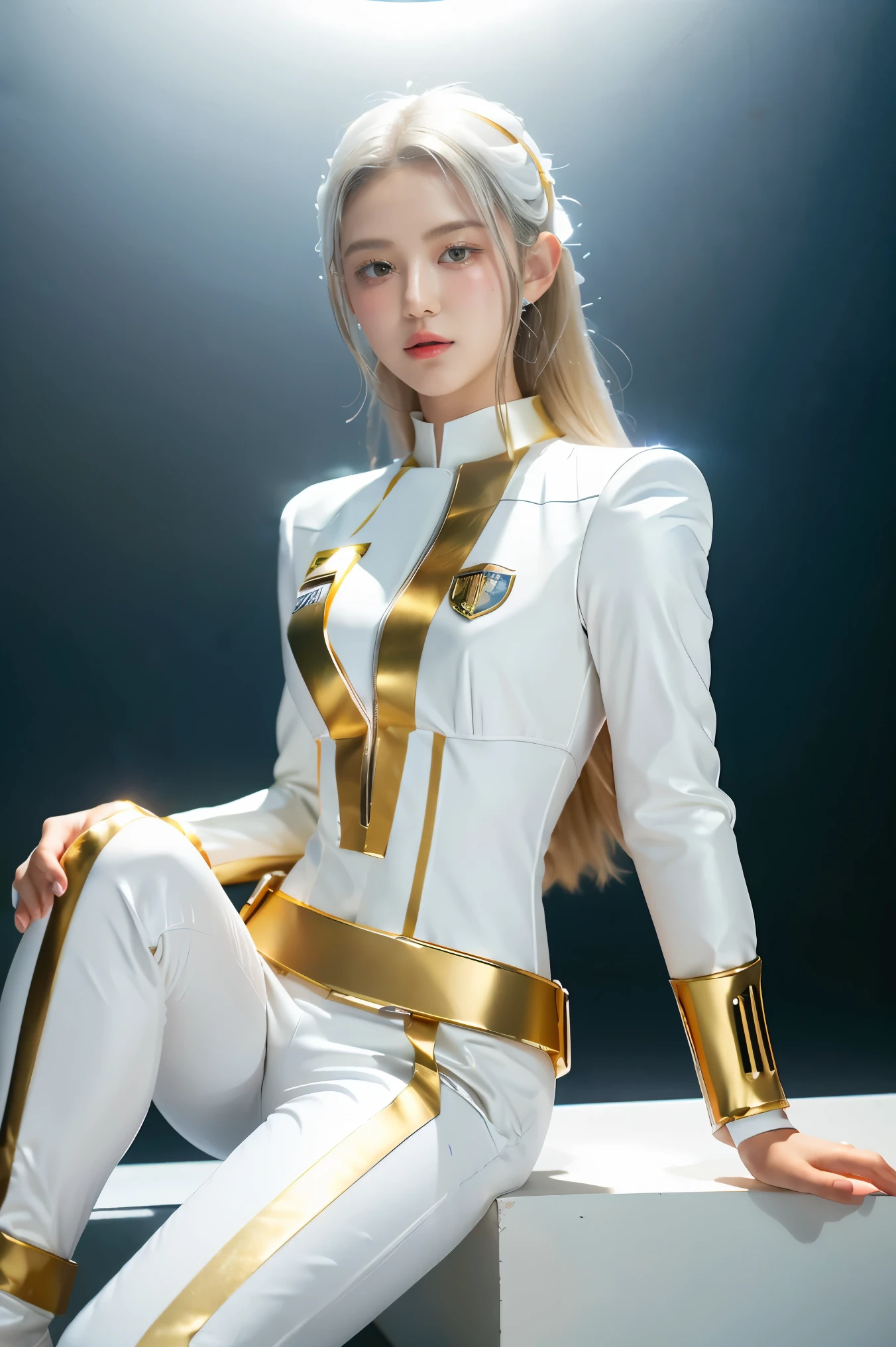 1girl full body, Illustration, cinematic light, high resolution, best quality, ultra-detailed, masterpiece, power suit, powerranger, suit, spd, (Silver and Gold chest plate), white and gold detail, (((white suit))), ((police theme:1.2))