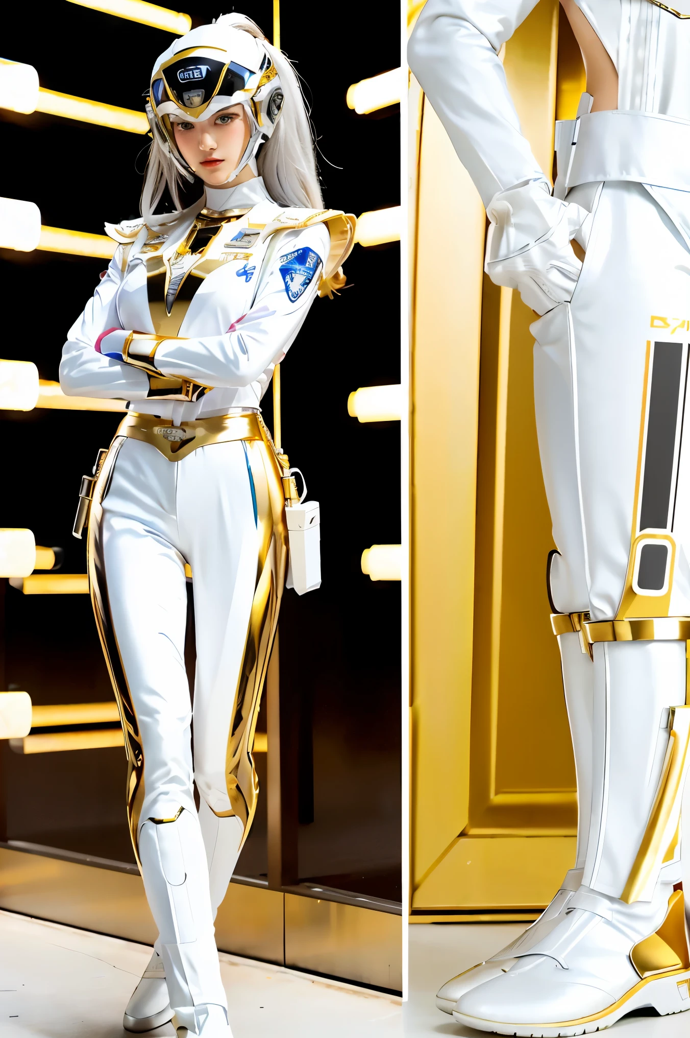 1girl full body, Illustration, cinematic light, high resolution, best quality, ultra-detailed, masterpiece, power suit, powerranger, suit, spd, (Silver and Gold chest plate), white and gold detail, (((white suit))), ((police theme:1.2))