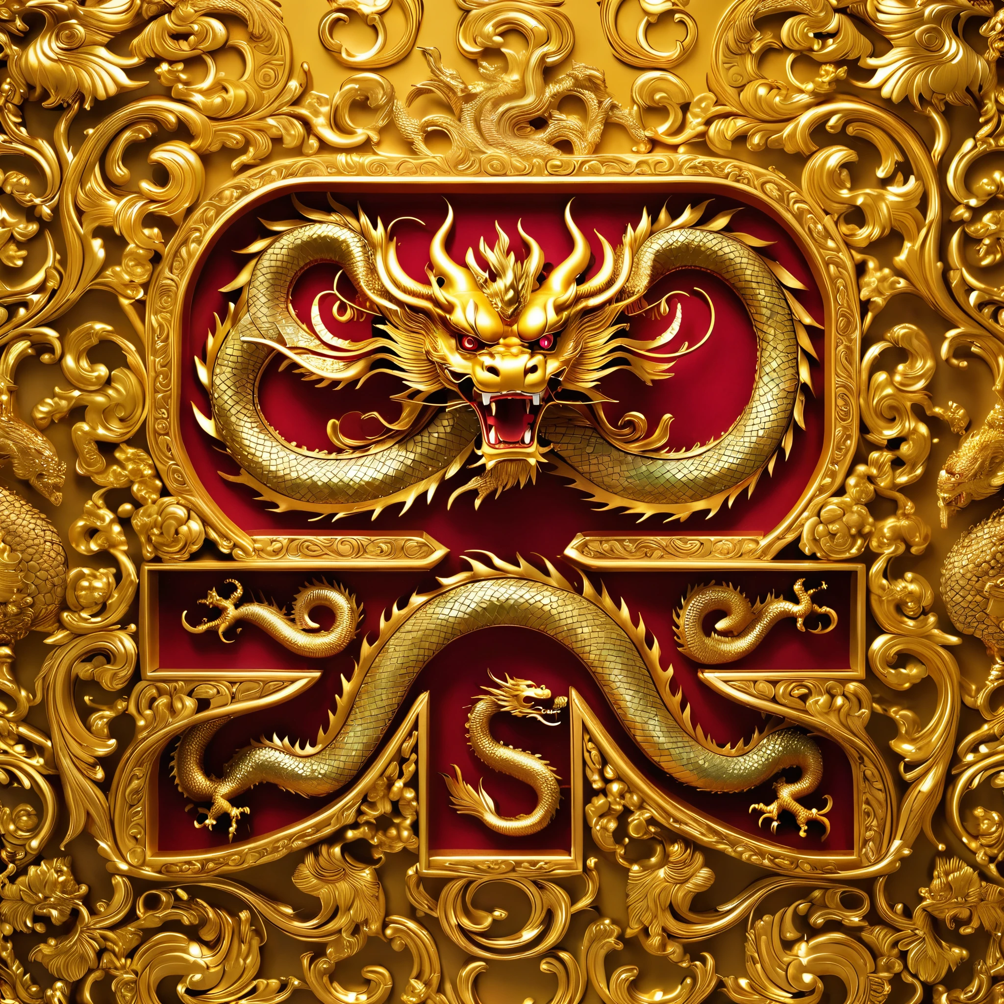  a set of continuous golden dragon sculptures in the same style from different angles,Photograph ,ruby，Exquisite pattern，Medieval style,gold engraved background