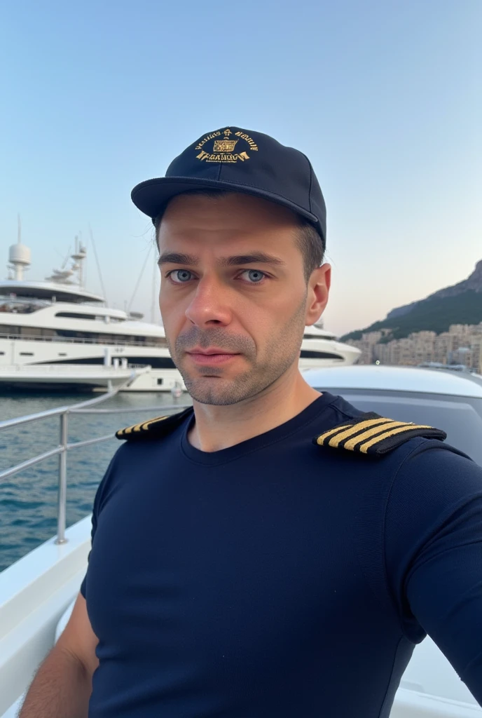 A stern GM42 handsome selfie in millionaire yacht (age 30, sexy navy costume, captain's hat), millionaire on his private yacht in Monaco