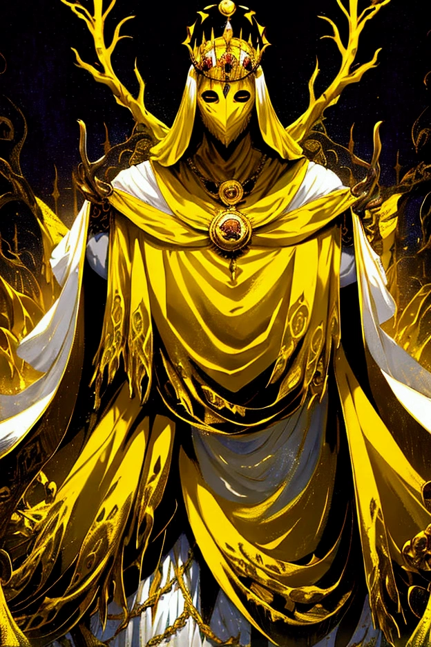 a painting of a man dressed in a yellow robe and a crown, hastur the king in yellow, yellow-robed cultist, king in yellow, a professional digital painting of the king in yellow wearing a tattered yellow cloak standing in a ballroom gripping a medallion in his claws, (white porcelain mask:1.05),painting of the king in yellow wearing a cloak and a mask, antlers, crown, cosmic background, gold and white and black color scheme surrounded by a mass of writhing tentacles, ornate baroque ballroom background, antlers, crown, high quality