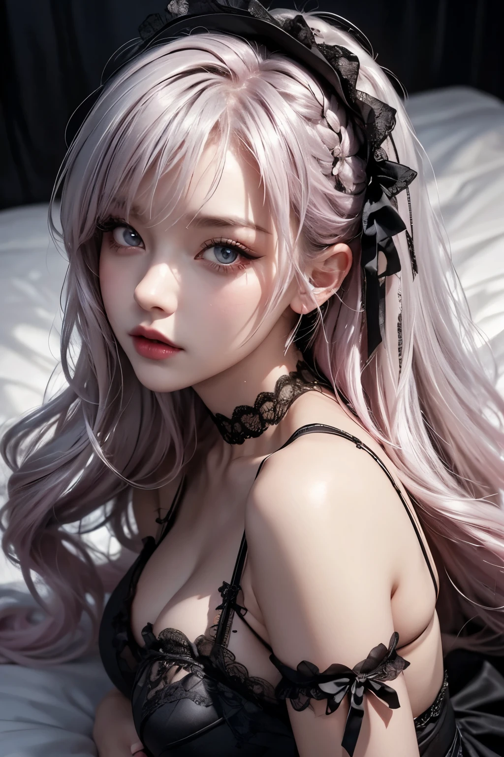 in the night, lighting out, lying down on stomack, on the bed, wearing black lingerie, see-through lingerie, gothic ta fashion, shot from directly above, looking up from below, gaze of temptation, blank look, shiny silver and pink hair, pompadour hairstyle, twisted bangs, hair is shaggy and dishevelled, silver eyeblow, slendar figure, undressing, too much exposed chest and butt, no-makeup, photorealistic, dramatic, detailed rendering, vibrant colors, best quality, hyperdetailed