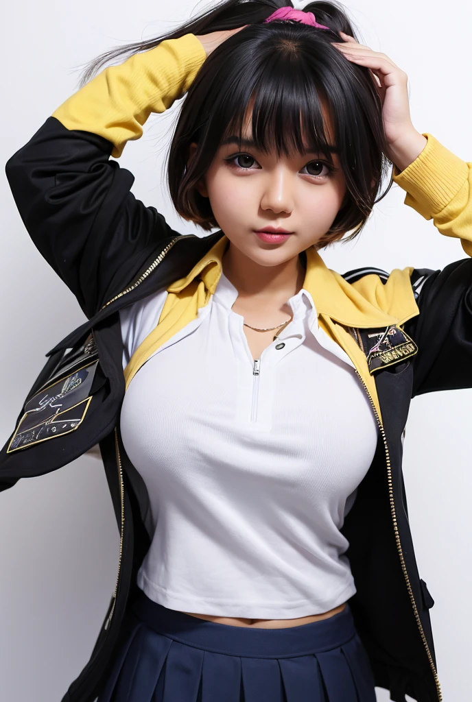 1girl, solo, breasts, looking at viewer, blush, short hair, bangs, skirt, blonde hair, large breasts, simple background, shirt, black hair, hair ornament, white background, hair between eyes, jacket, yellow eyes, white shirt, multicolored hair, parted lips, open clothes, collared shirt, armpits, open jacket, blue skirt, streaked hair, black jacket, piercing, zipper,sma,school uniform