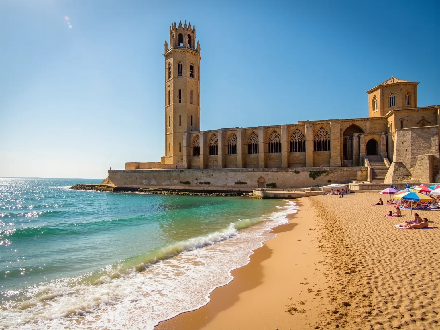 A cinematic, ultra-realistic scene of the Seu Vella cathedral where the building meets a sandy beach, with gentle ocean waves lapping close to its base. Sun-soaked beachgoers relax on the sand, surrounded by colorful umbrellas, beach towels, and sun chairs, enjoying the bright, sunny day. The contrast between the historic stone structure of the cathedral and the lively beach atmosphere creates a unique blend of serenity and vibrancy. Clear blue skies stretch above, and the sunlight illuminates the entire scene, casting warm, golden tones over the beach and cathedral, bringing out intricate architectural details and the sparkle of the waves.