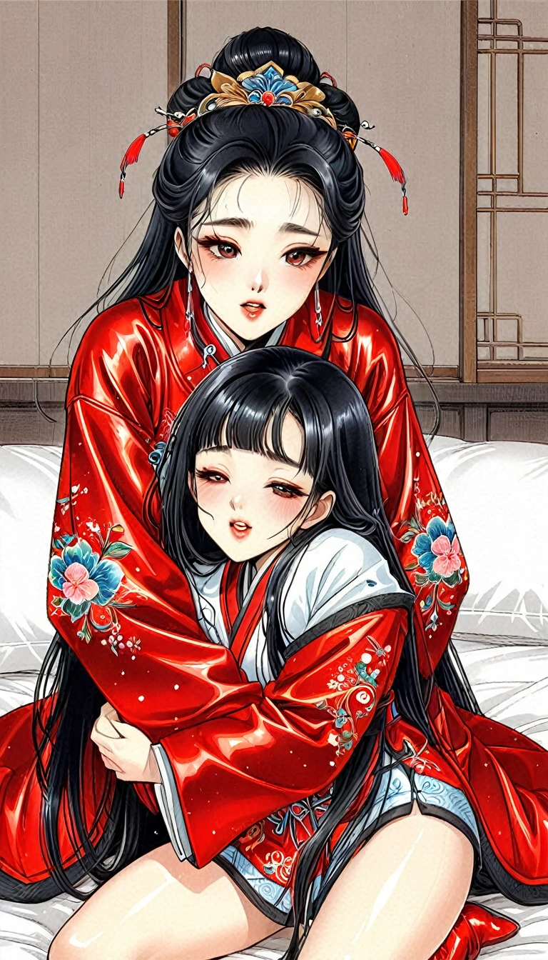 Beautiful Korean princess with long black hair 　vaginal,sex, supright straddle, hug　Gorgeous embroidery,  long sleeve winter clothes ultra glossy ,  she is wearing a red long sleeve shiny China jacket　oversized clothes / undersized clothes　