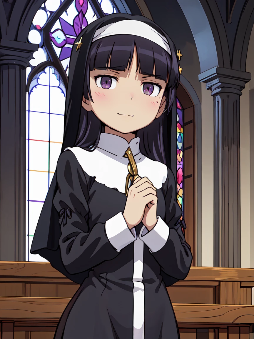 Def versia*, long sleeves, ((nun)), habit, nun, habit, dress, black dress, long dress, catholic , ruri gokou, girl, alone, Long Hair, hime cut, Black Hair, Old Church、 Stained Glass、sacred、grace、A window with light、deep reverent expression 、Quiet Smile、 muted hues,  girl, Alone